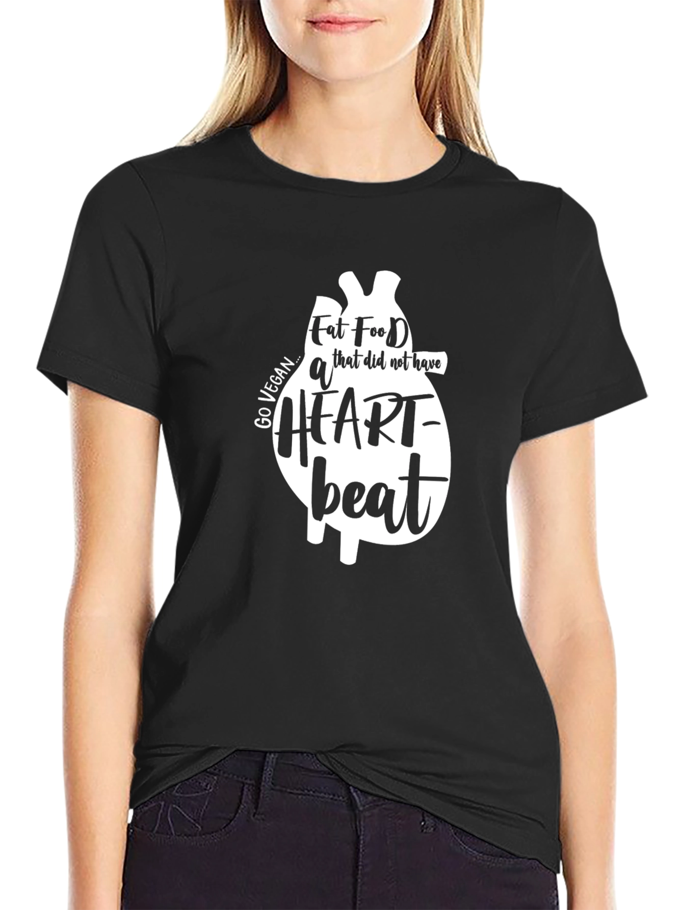 Black Vegan Heartbeat T-Shirt - Black Cotton Tee view 2