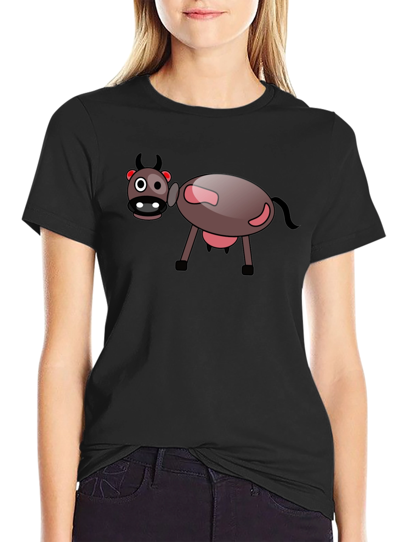Black Cartoon Cow Black T-Shirt - Fun Novelty Tee view 2