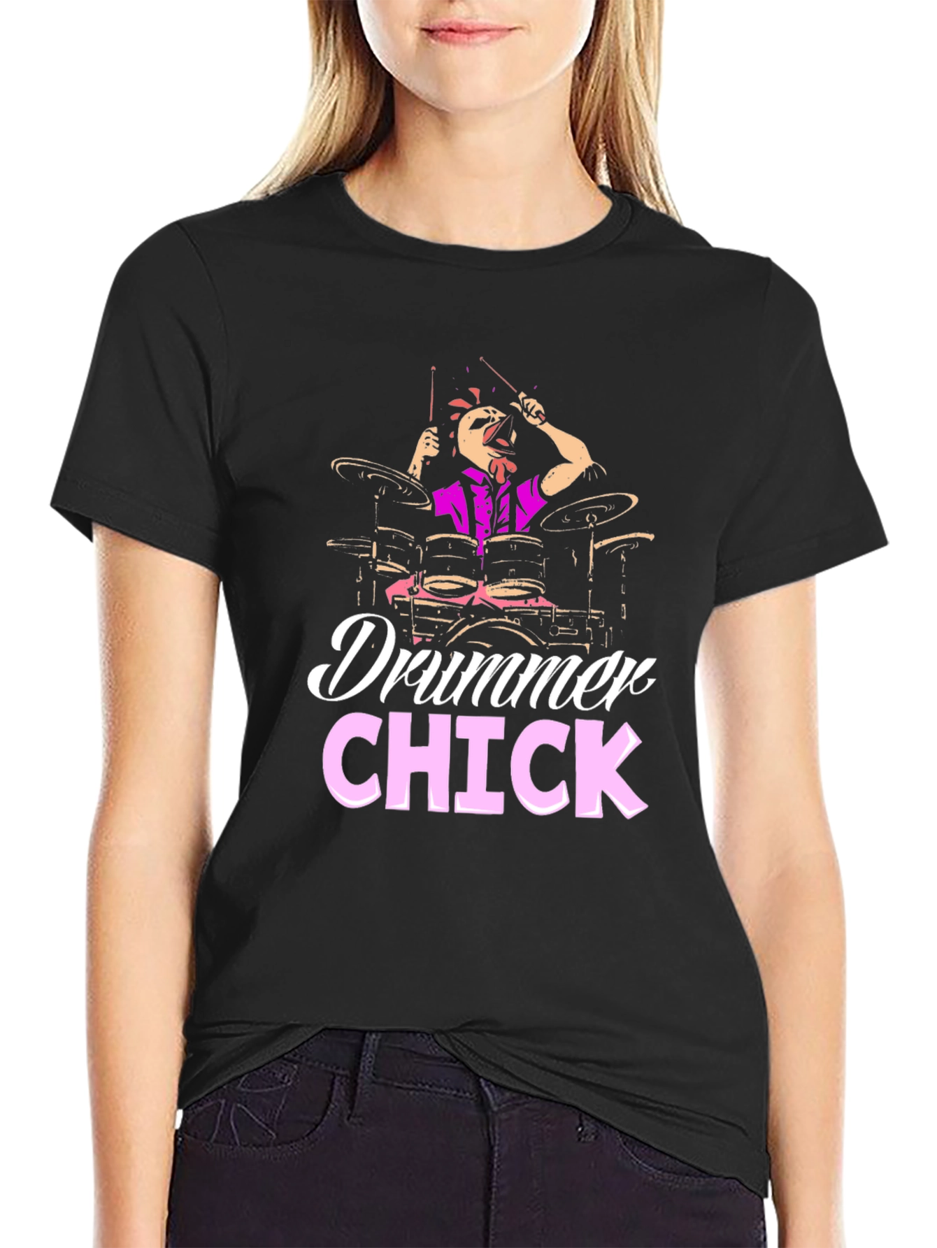 Black Drummer Chick T-Shirt - Music Lover Tee view 2