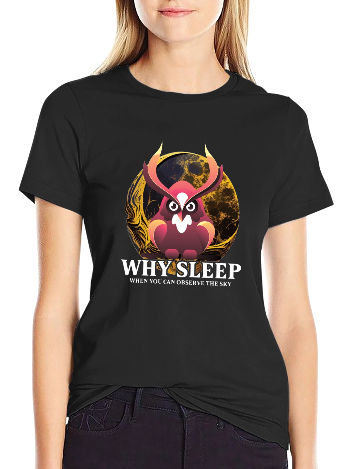 Black Why Sleep? Owl Graphic Tee - Observe the Sky T-Shirt view 2