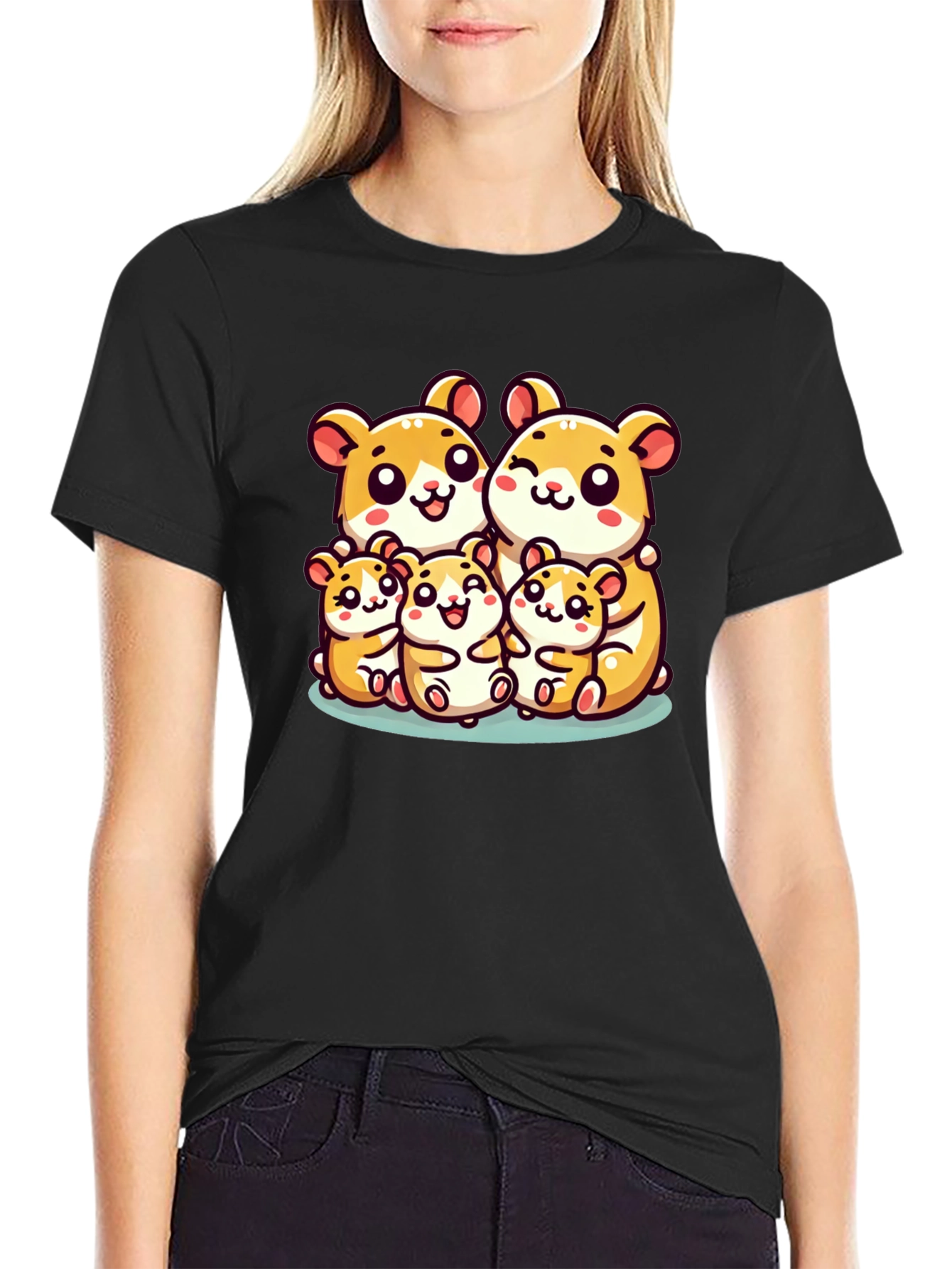Black Cute Hamster Family Black T-Shirt view 2