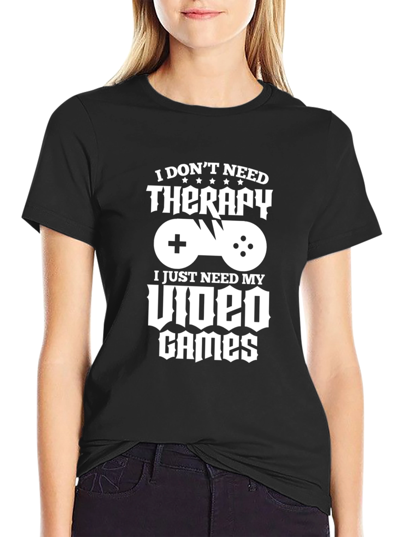 Black Funny Gamer T-Shirt - Video Games Therapy Tee view 2