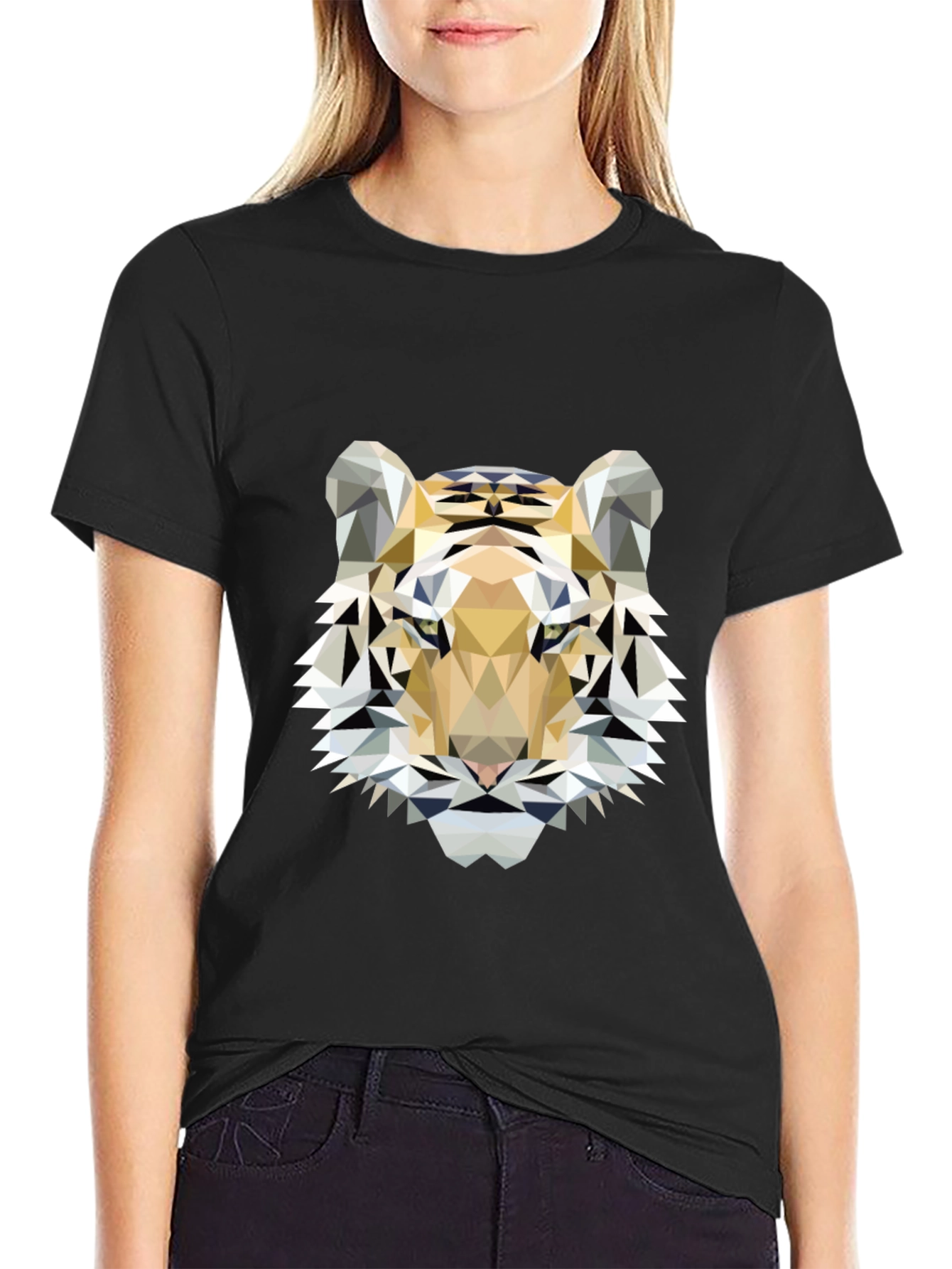 Black Geometric Tiger Print Black T-Shirt view 2