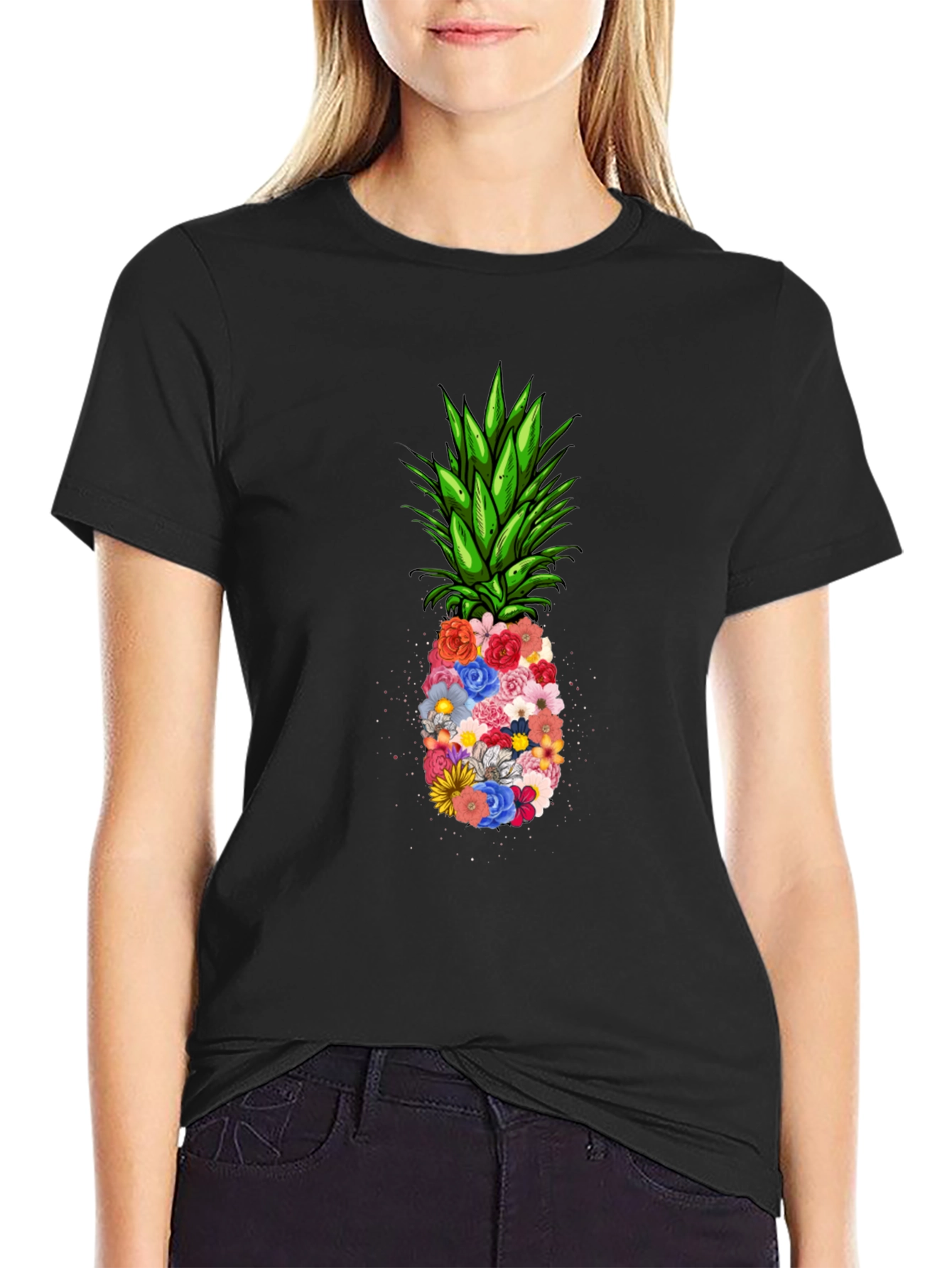 Black Floral Pineapple Graphic Tee - Black T-Shirt view 2