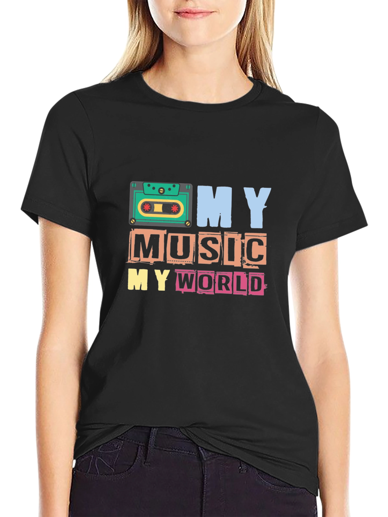 Black My Music My World Graphic Tee - Retro Cassette T-Shirt view 2