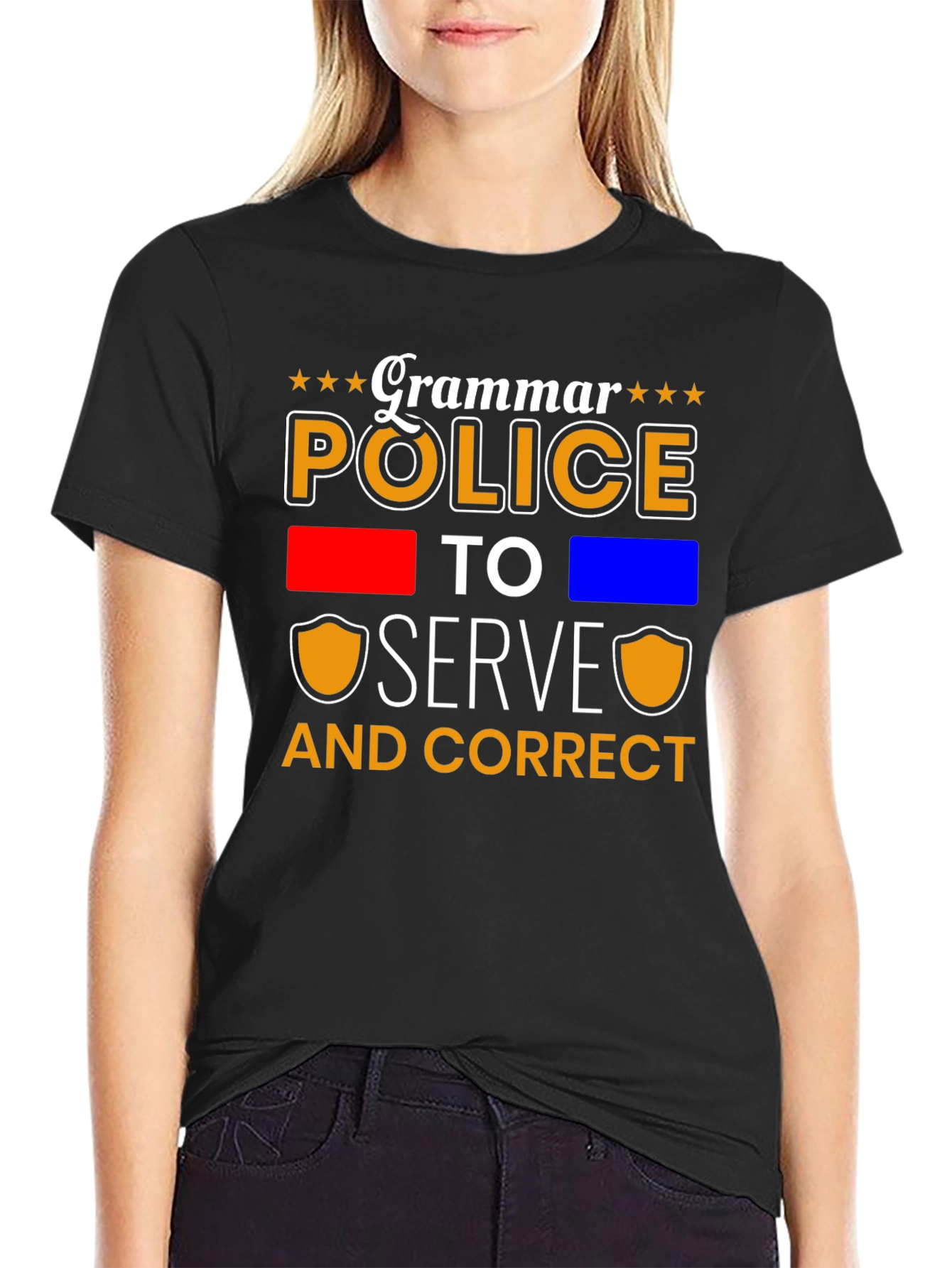 Black Grammar Police Serve & Correct T-Shirt view 2