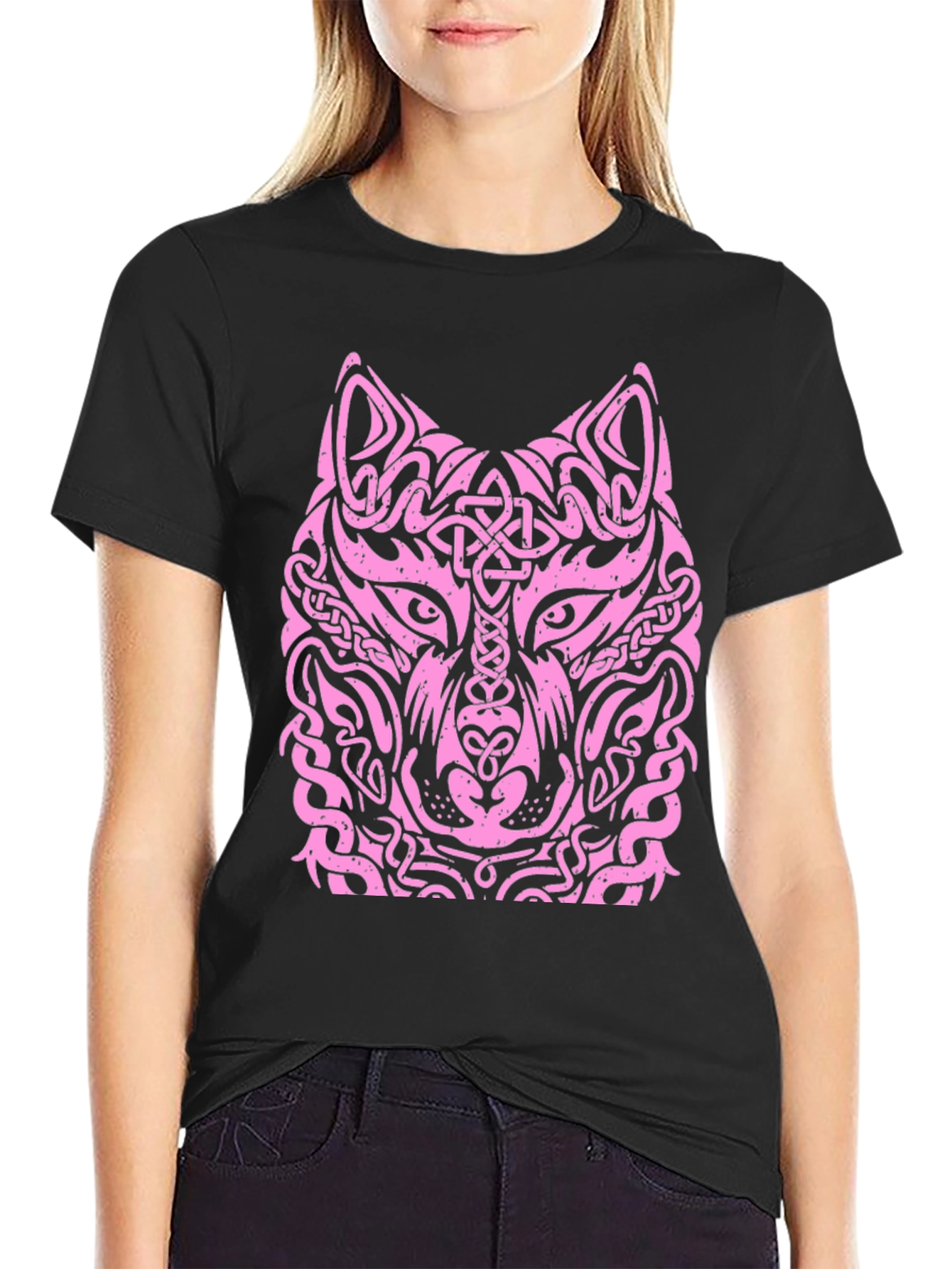 Black Wolf Head Graphic Tee - Unique Tribal Design view 2