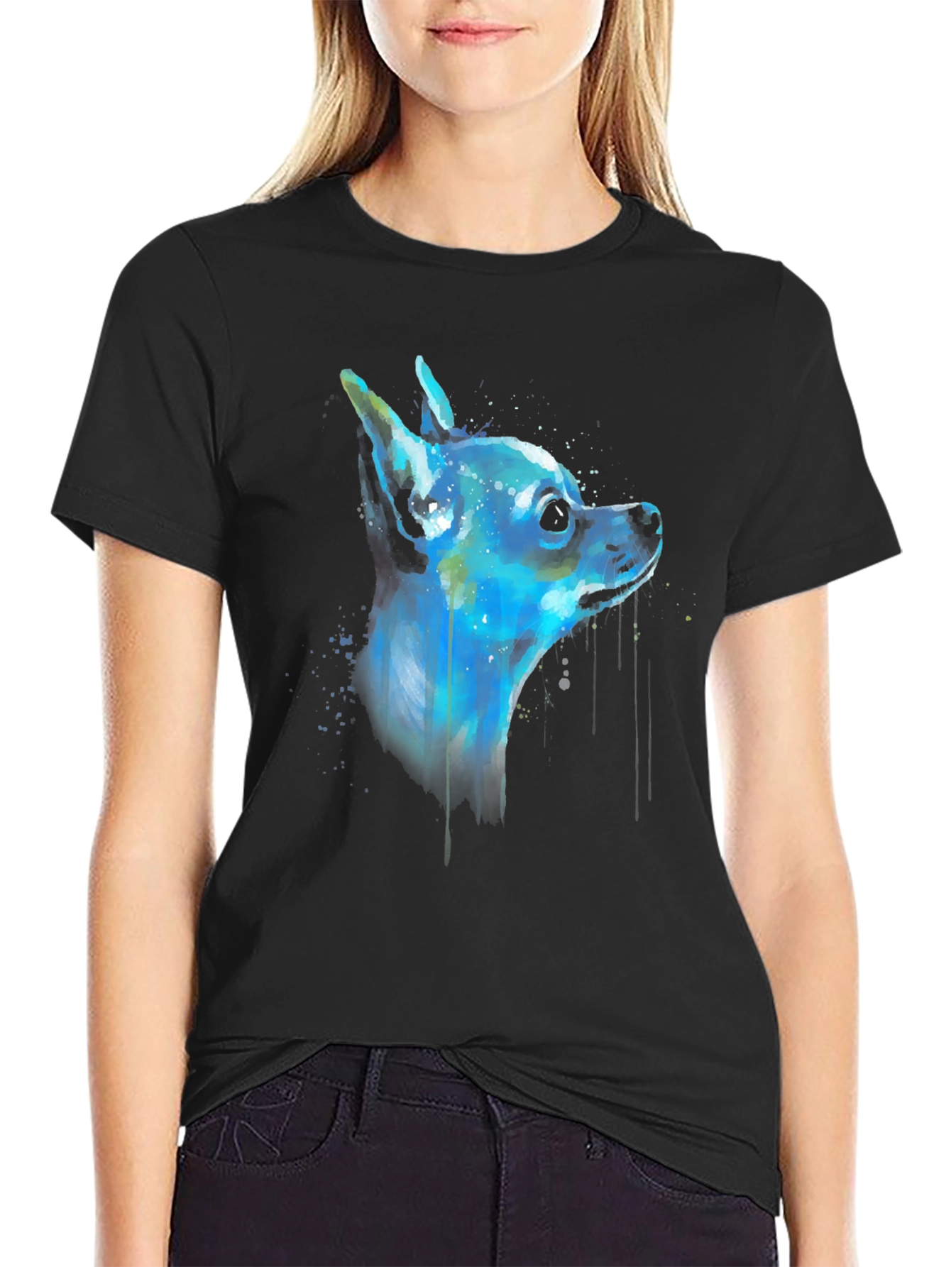 Black Chihuahua Dog Watercolor Art Men's Black T-Shirt view 2