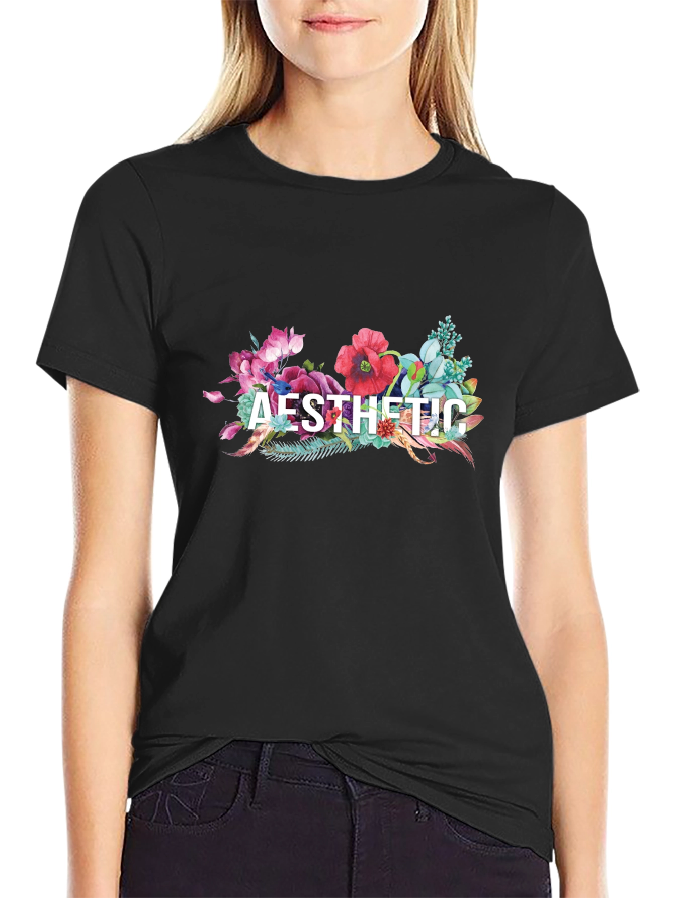 Black Aesthetic Floral Graphic Tee - Black view 2