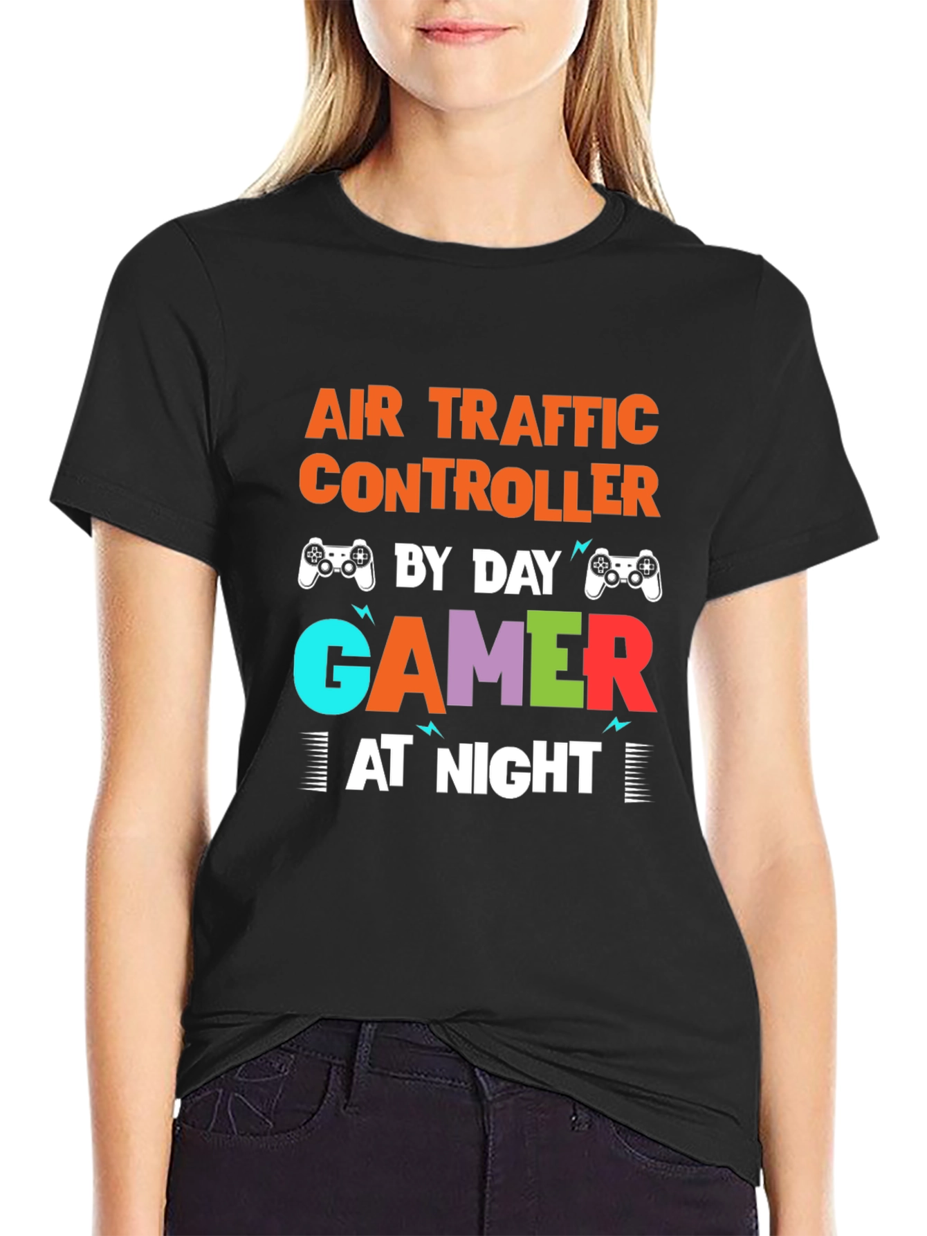Black Air Traffic Controller Gamer T-Shirt - Funny Novelty Tee view 2