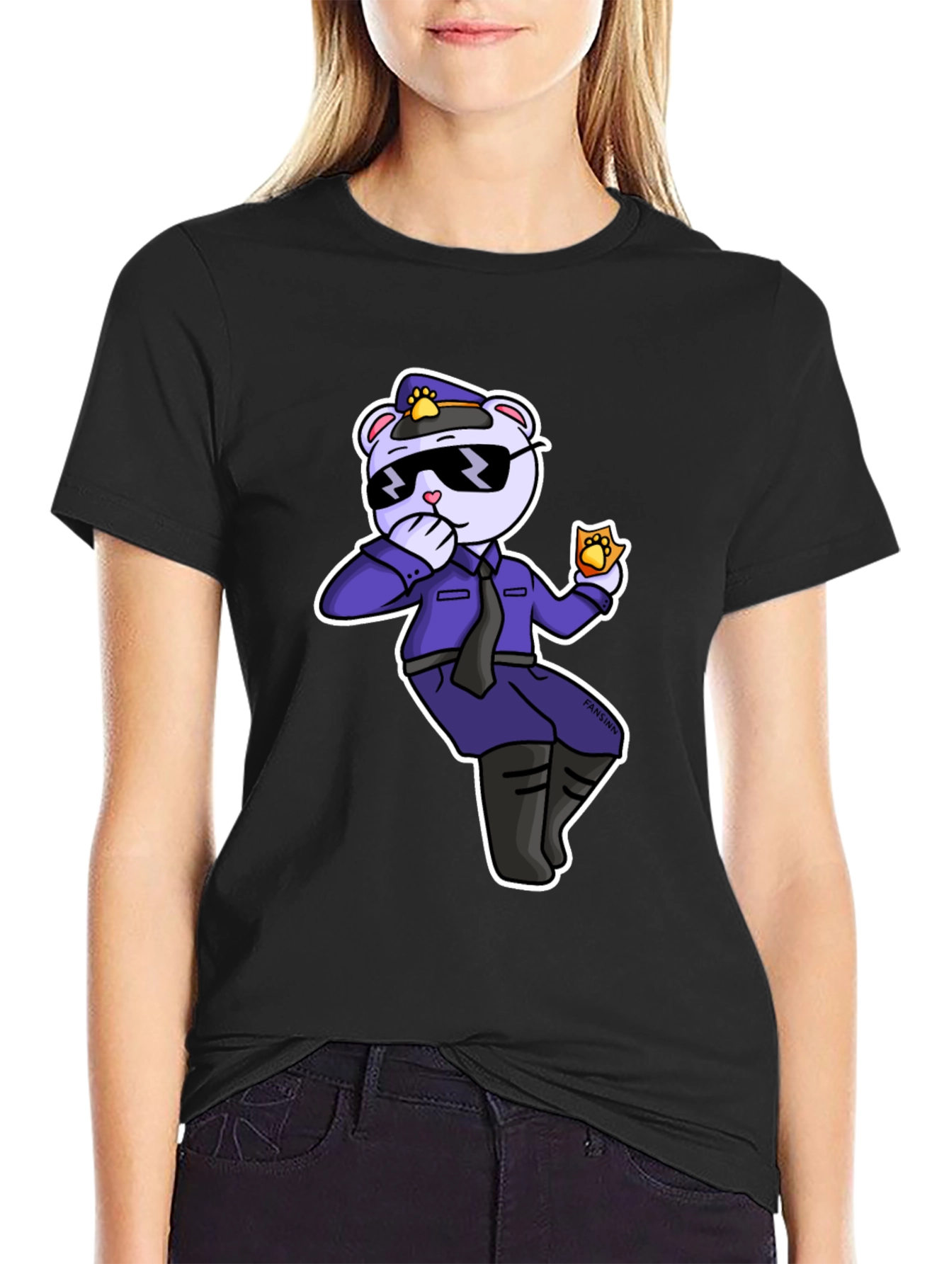 Black Cool Cartoon Bear Police T-Shirt view 2