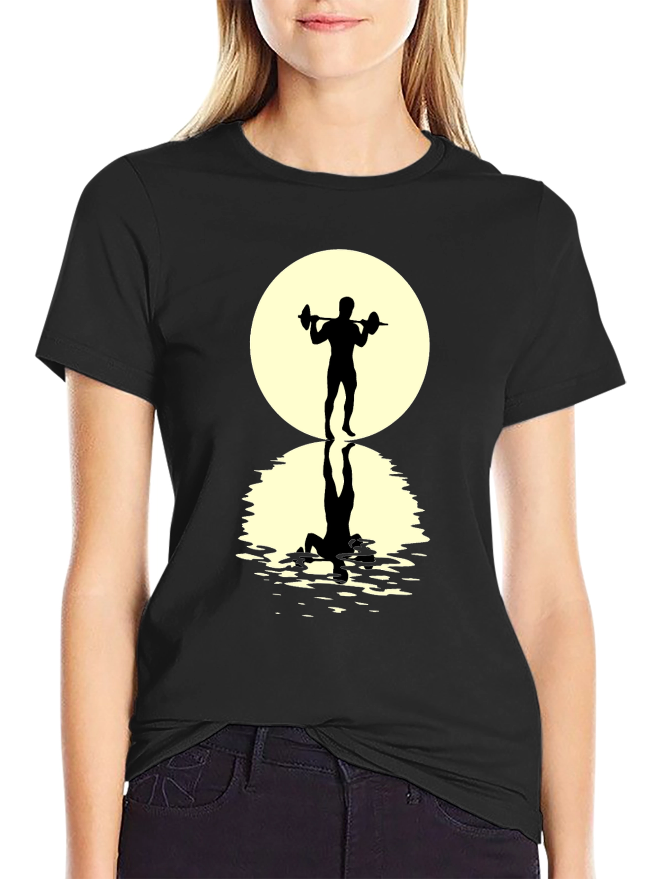 Black Weightlifter Silhouette T-Shirt - Moonlit Reflection view 2