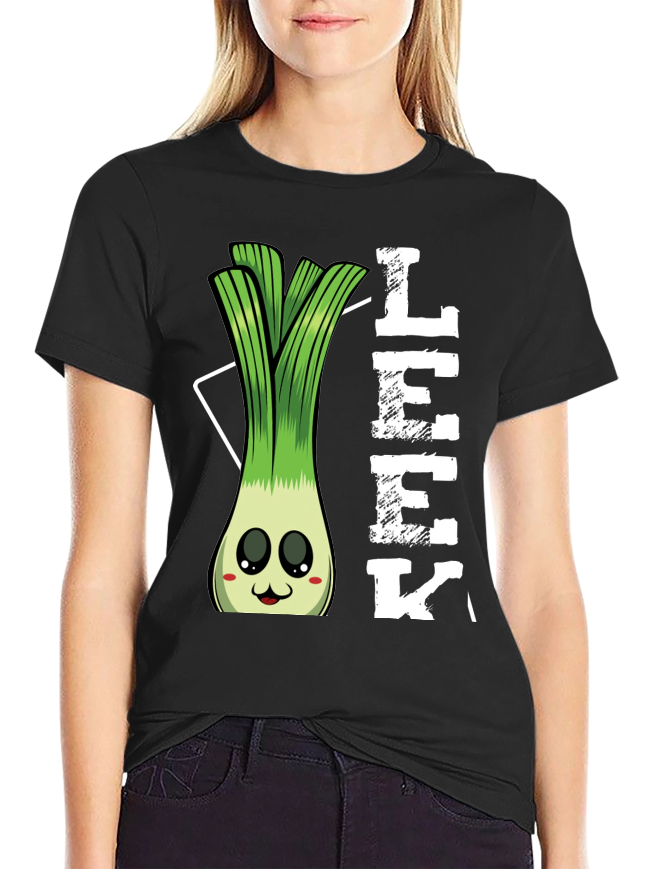Black Funny Leek Cartoon T-Shirt view 2