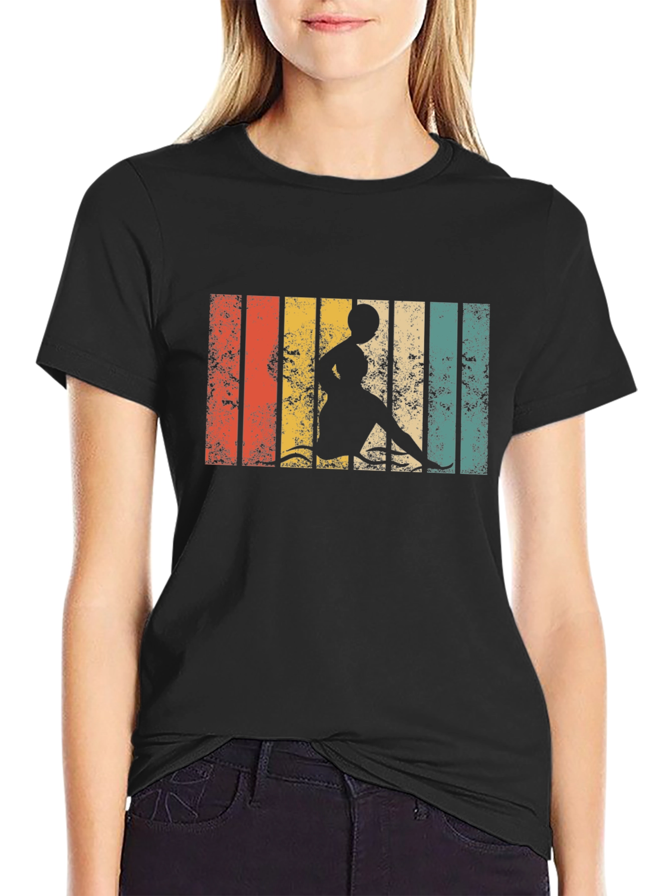 Black Retro Striped Woman Kayaking T-Shirt view 2