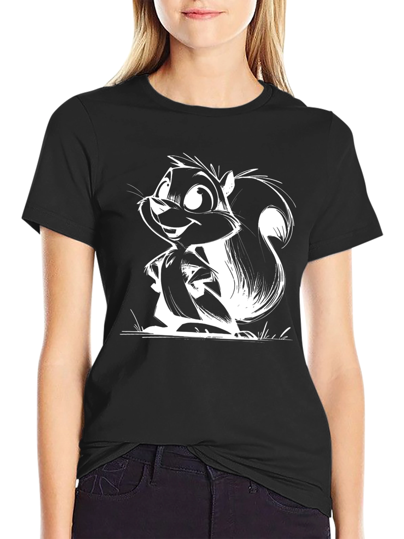 Black Squirrel Cartoon Graphic Black T-Shirt view 2