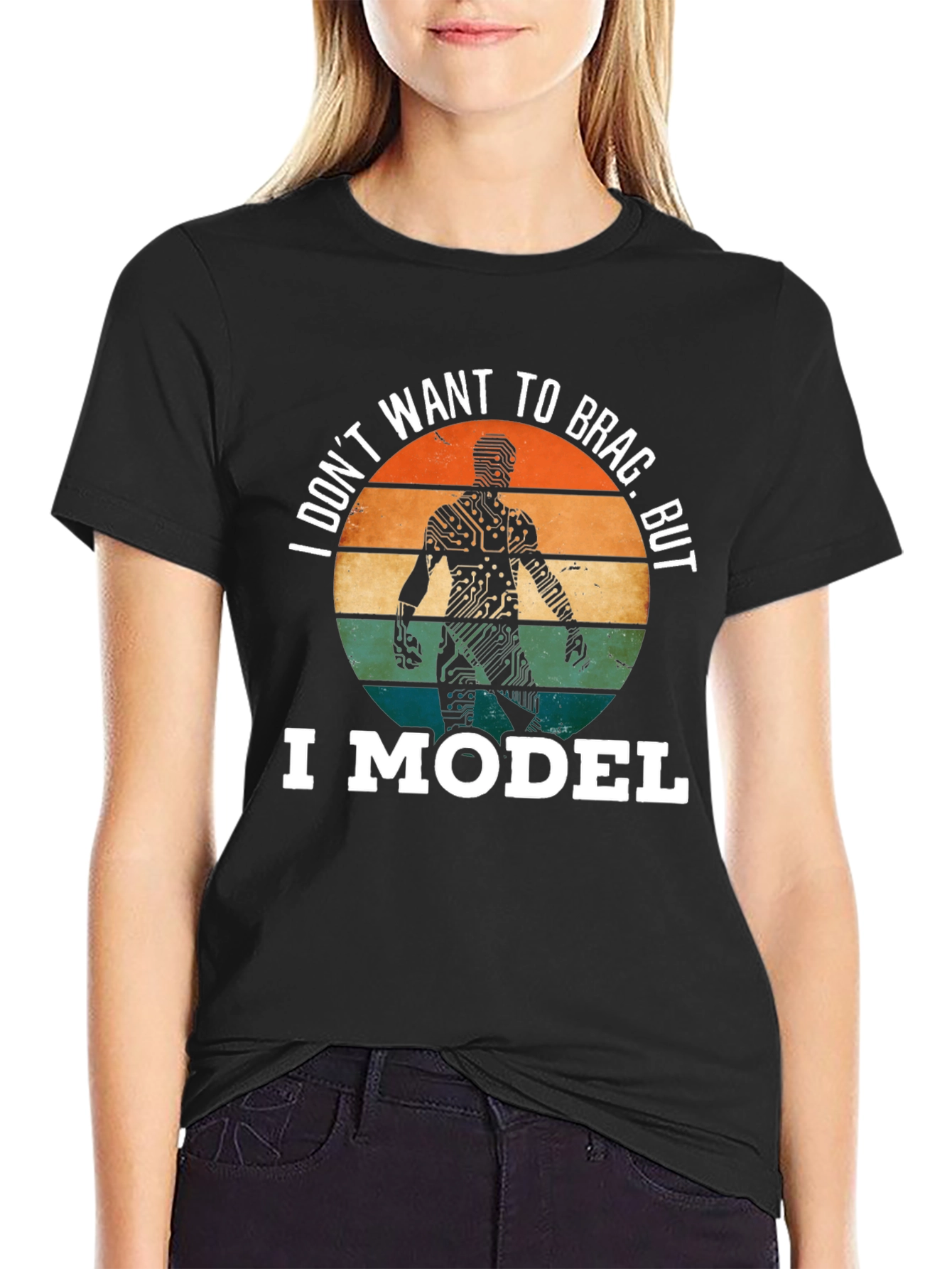 Black I Model T-Shirt: Circuit Board Man Funny Tee view 2