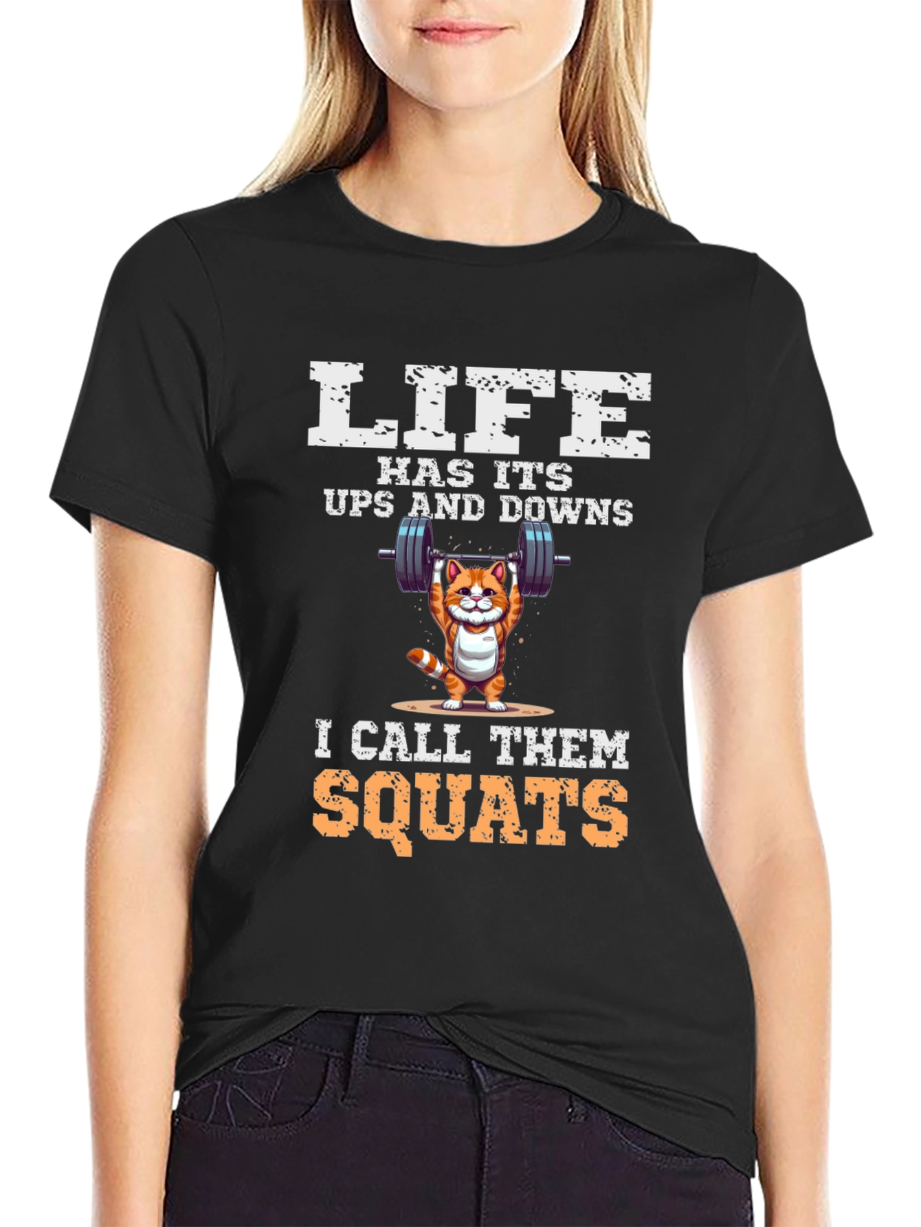 Black Life is Squats T-Shirt - Funny Workout Cat Design view 2