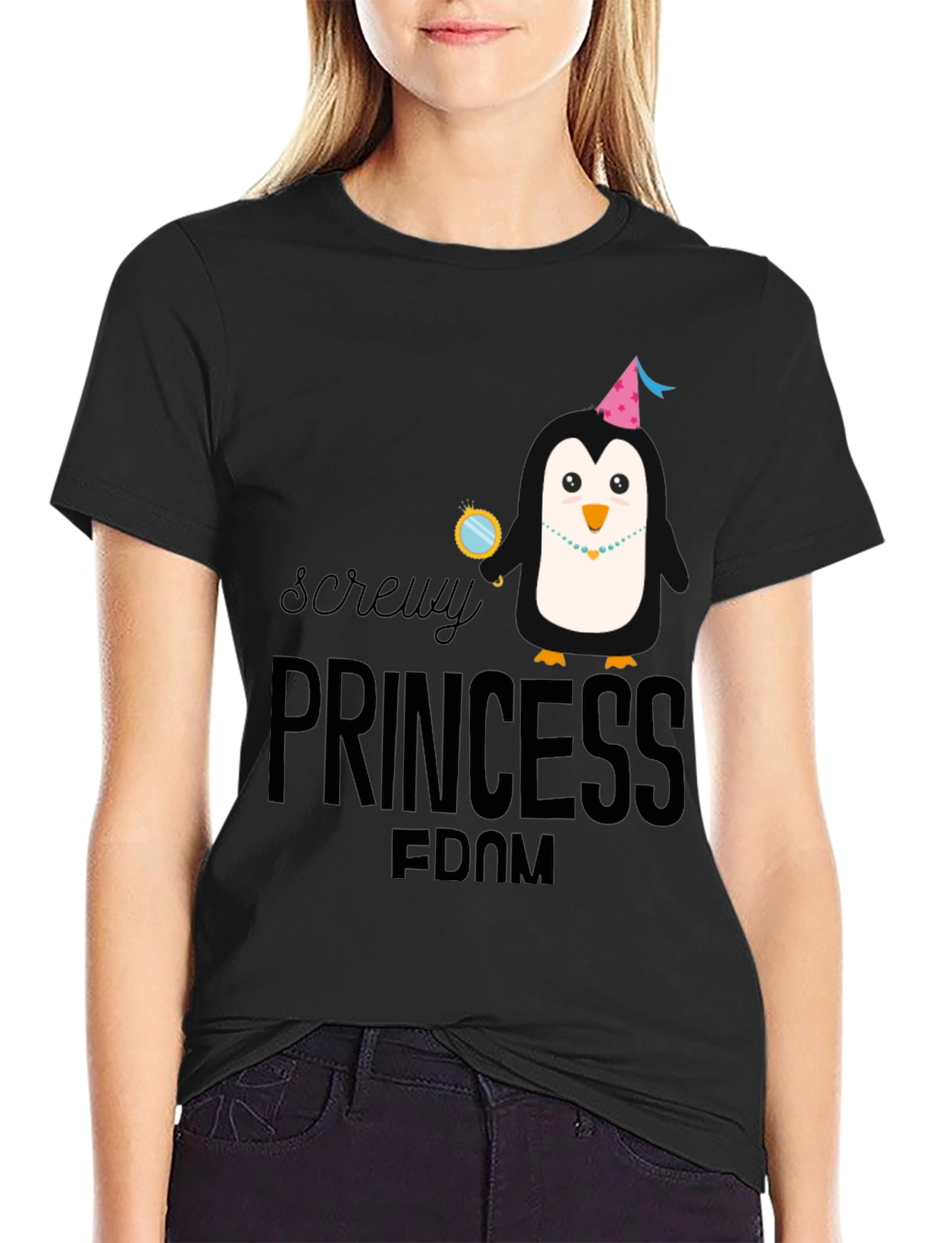 Black Screw Princess Penguin Tee - Comfy Black T-Shirt view 2