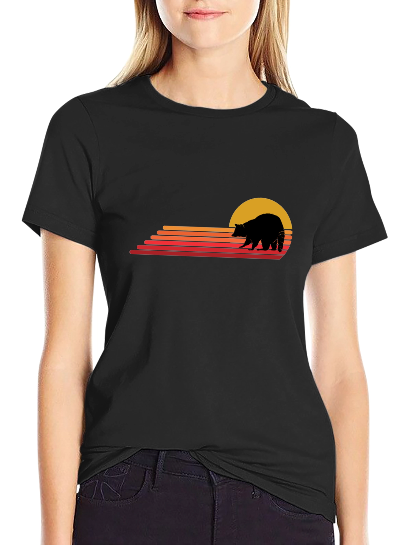 Black Retro Bear Sunset Graphic Tee - Classic Style view 2