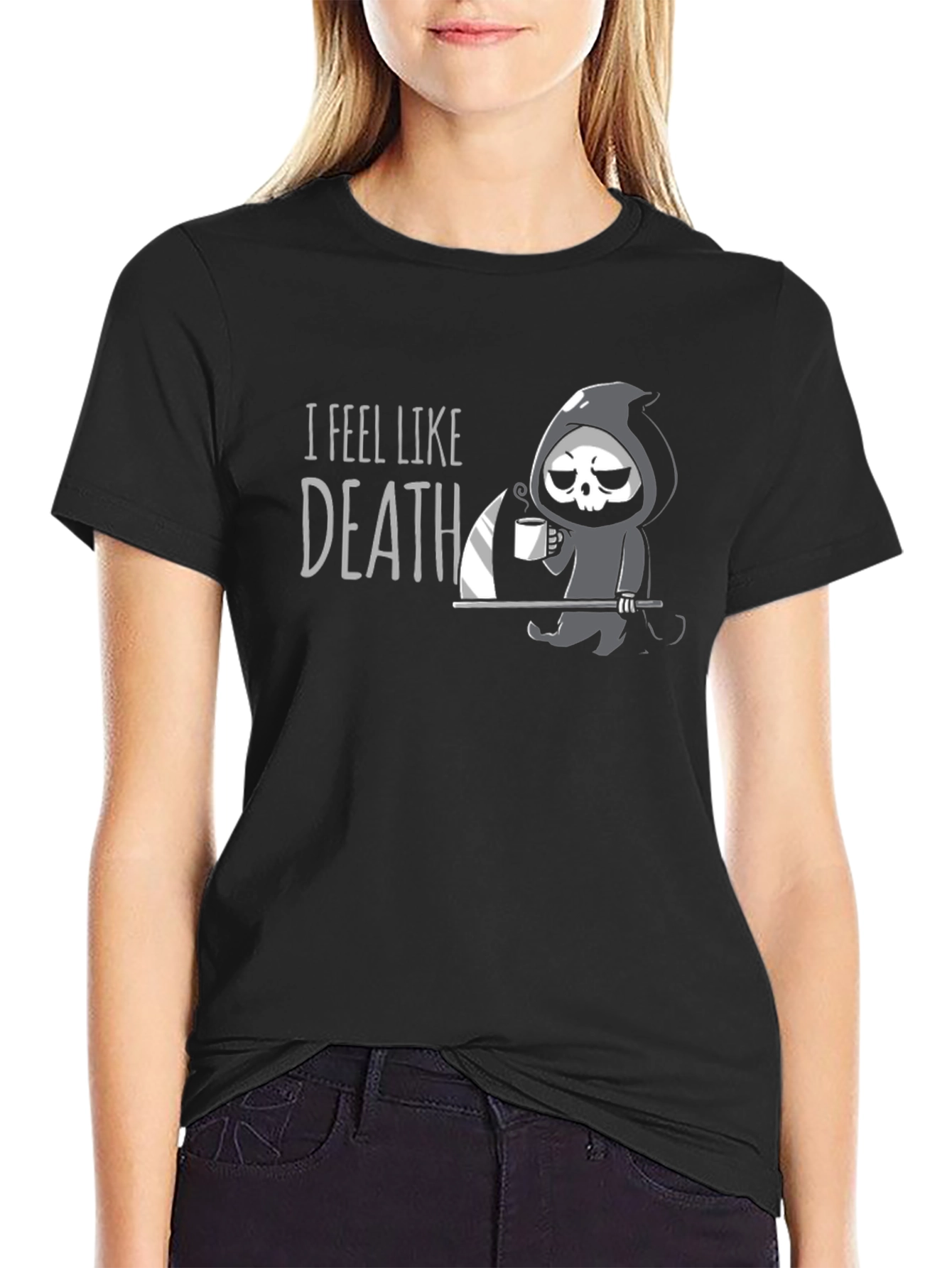 Black I Feel Like Death T-Shirt - Grim Reaper Coffee Graphic Tee view 2