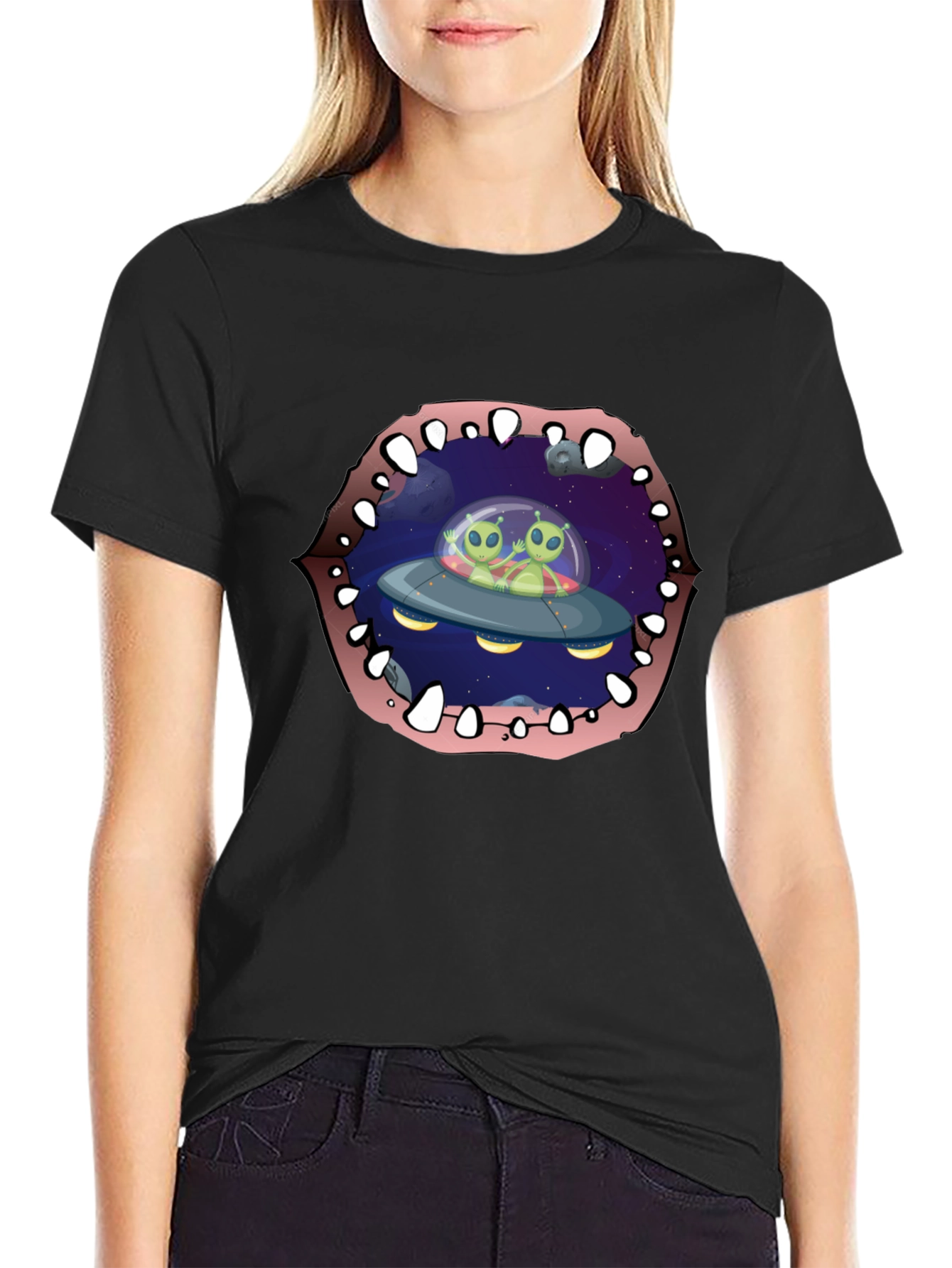 Black Alien Abduction T-Shirt Black Cotton Crew Neck view 2