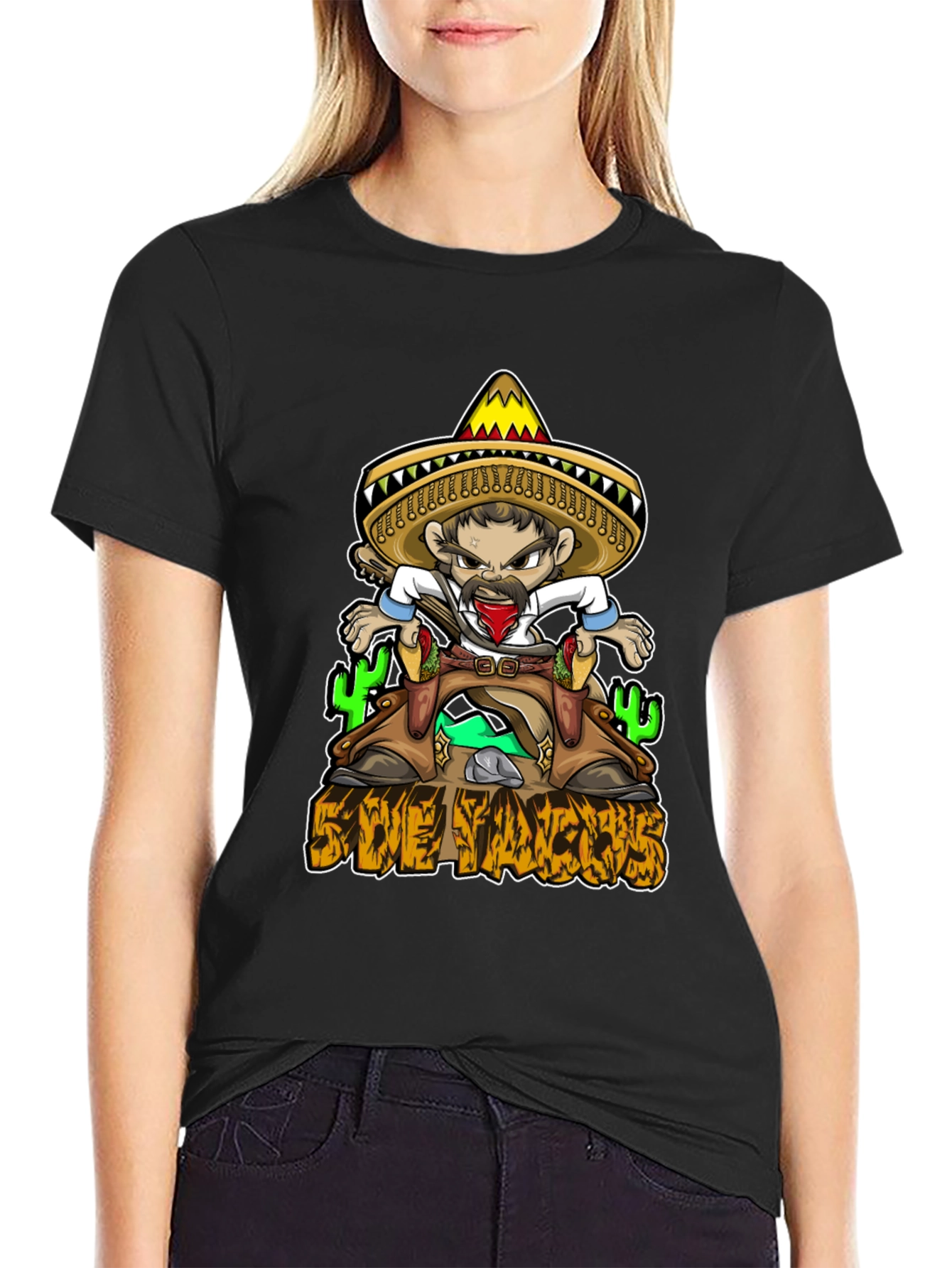 Black Save Tacos T-Shirt - Sombrero Cartoon Graphic Tee view 2