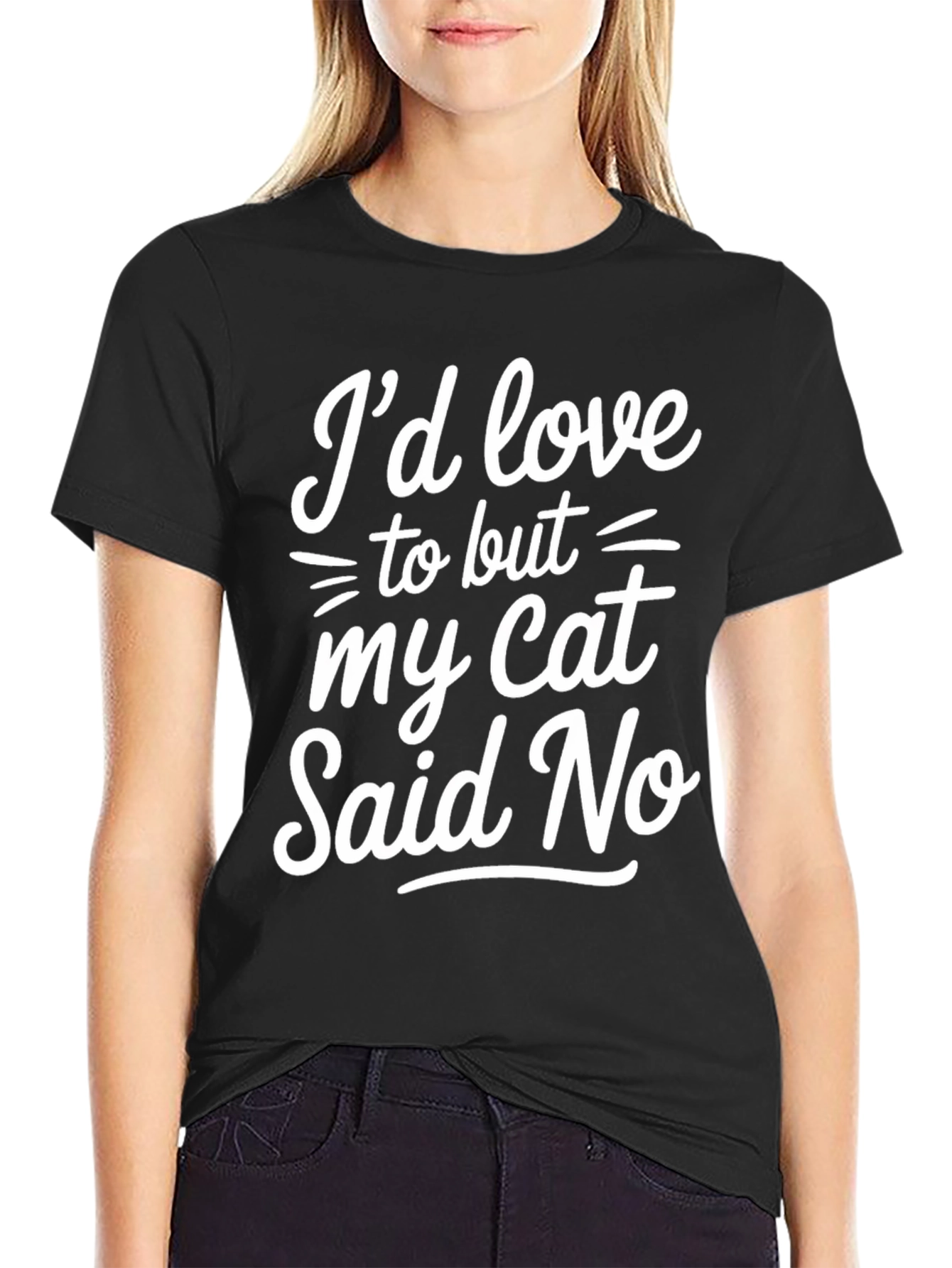 Black Funny Cat Lover T-Shirt - I'd Love To But My Cat Said No view 2