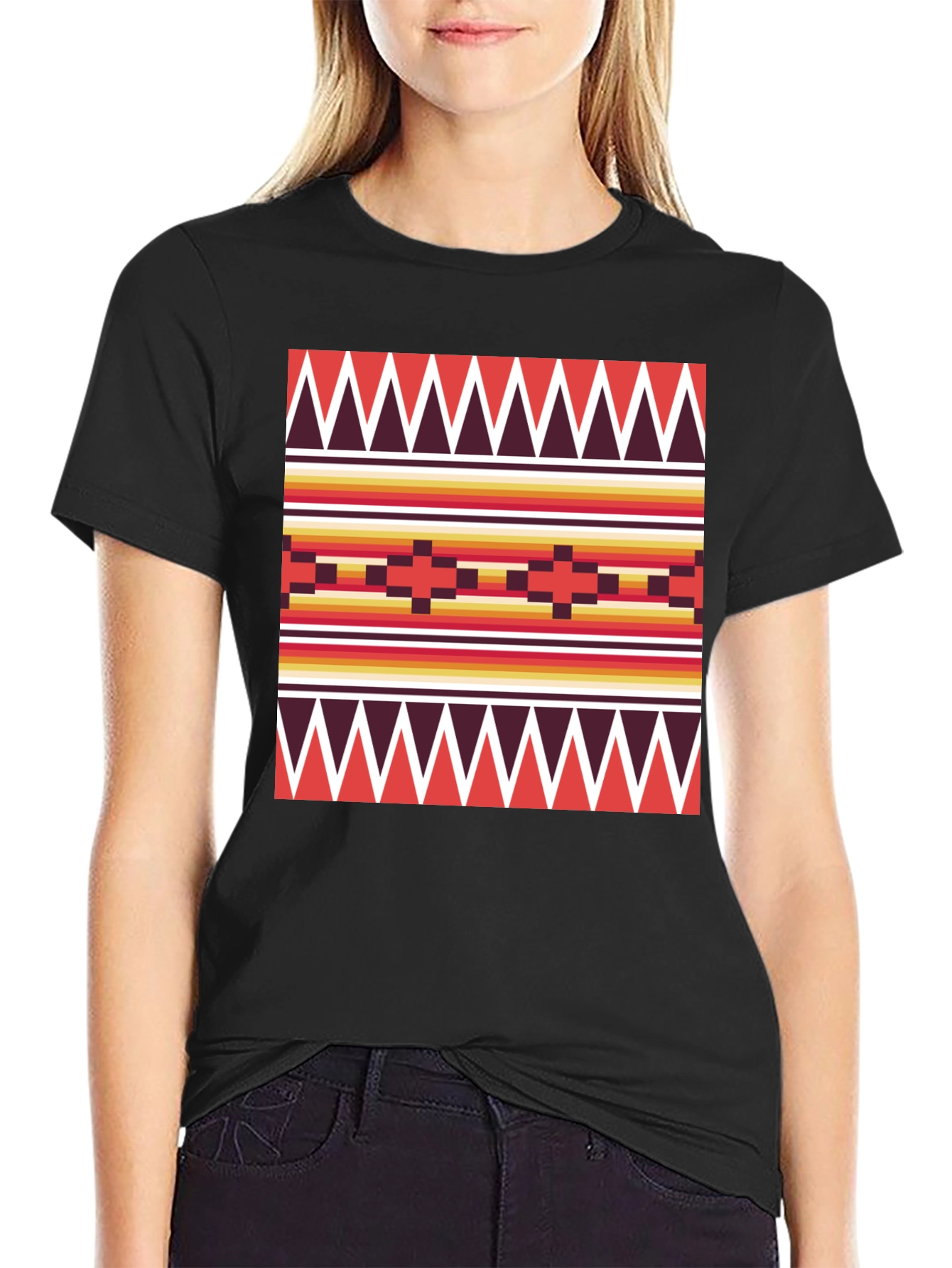 Black Geometric Pattern Tee - Southwest Style view 2
