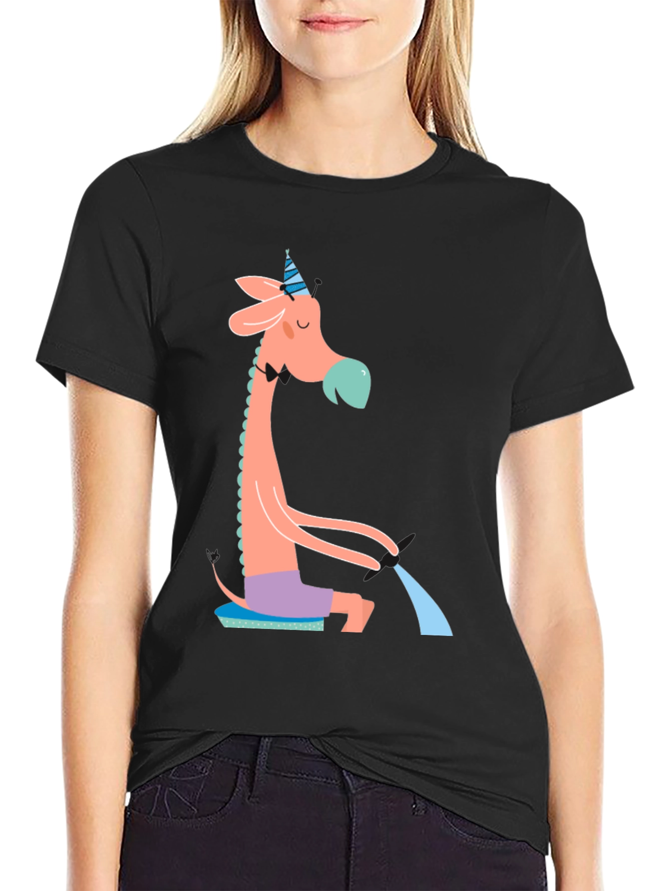 Black Whimsical Giraffe T-Shirt - Quirky Novelty Tee view 2