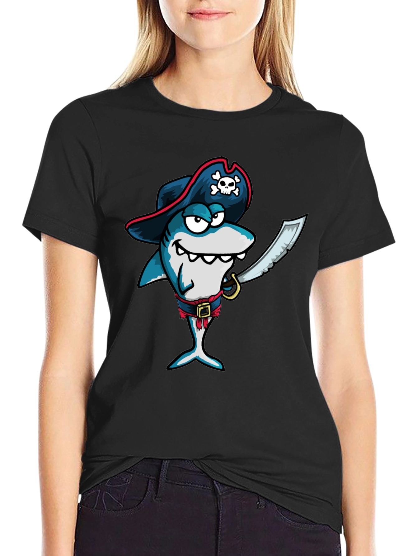 Black Pirate Shark Graphic Tee - Black Cotton T-Shirt view 2