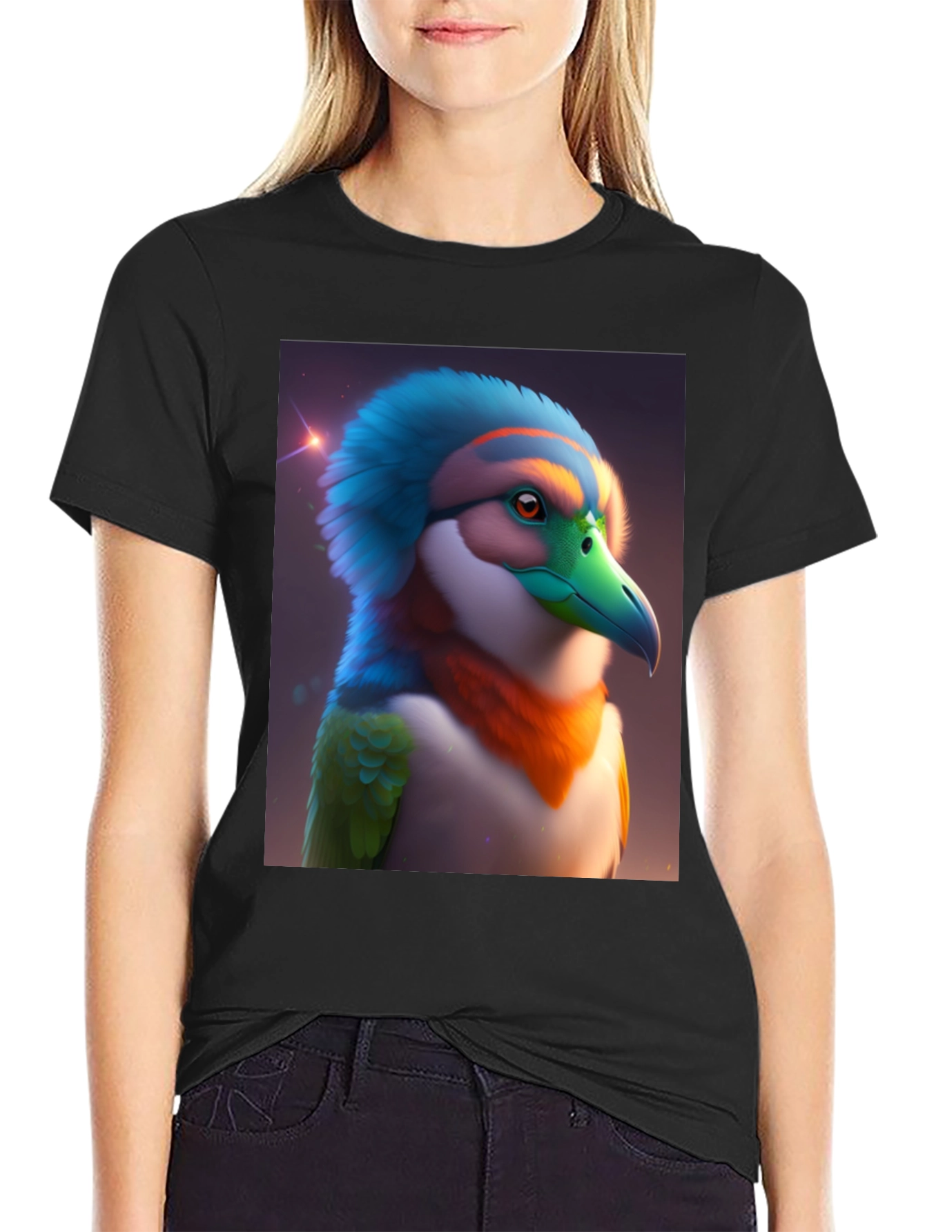 Black Exotic Bird Graphic Tee - Unique Colorful Bird Design view 2