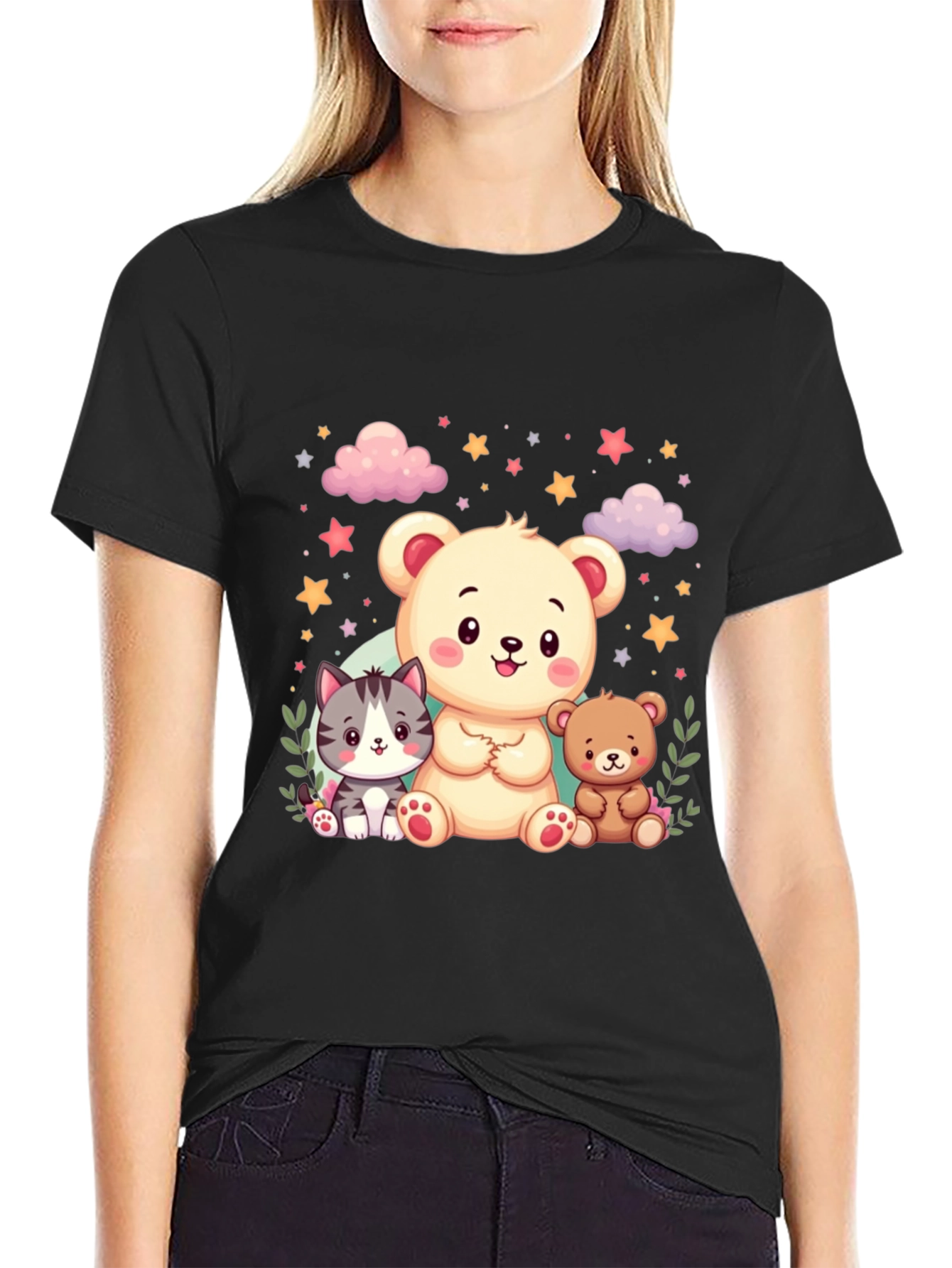 Black Cute Cartoon Animals Black T-Shirt view 2