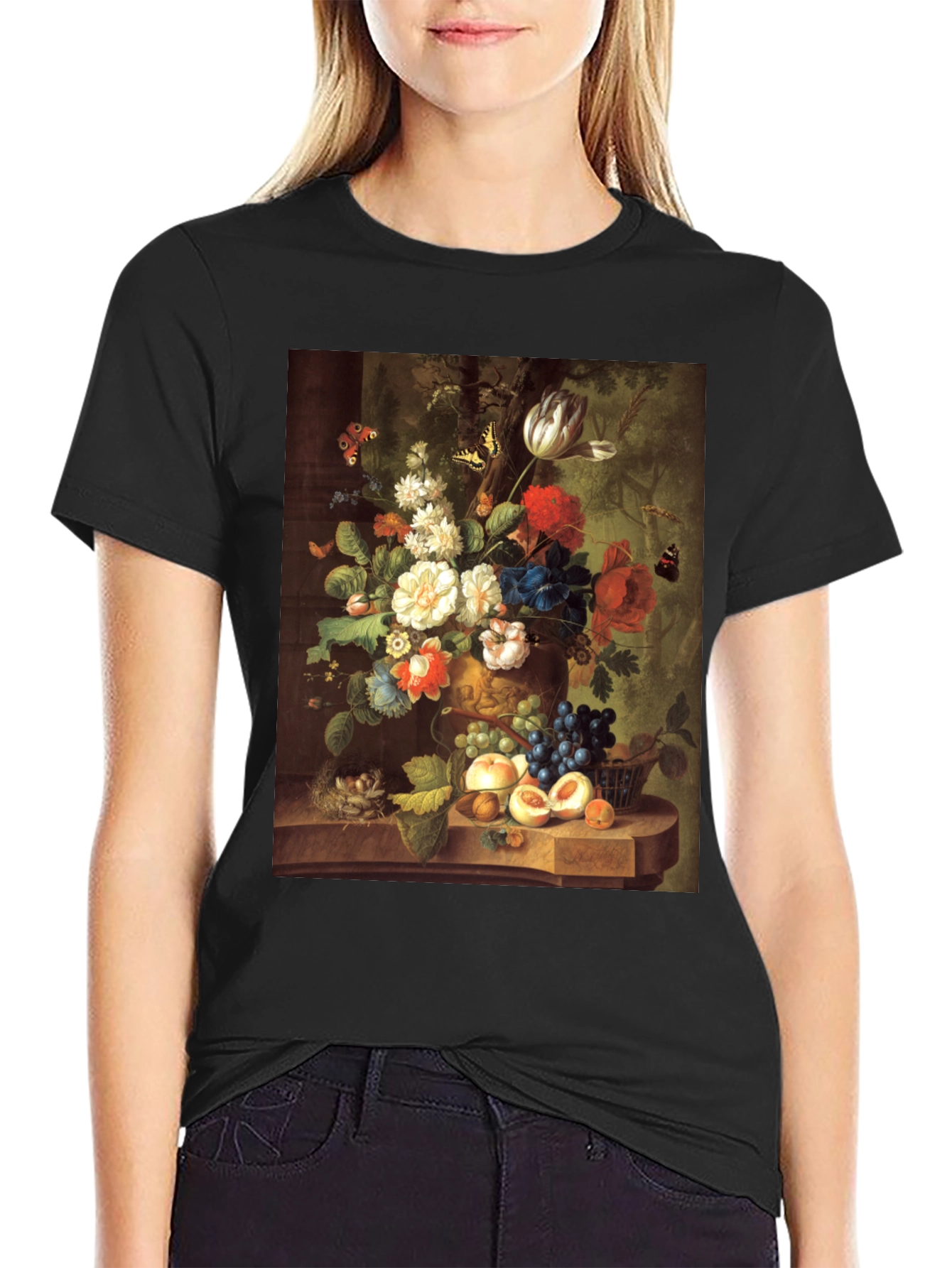 Black Floral Still Life T-Shirt - Classic Art Print view 2