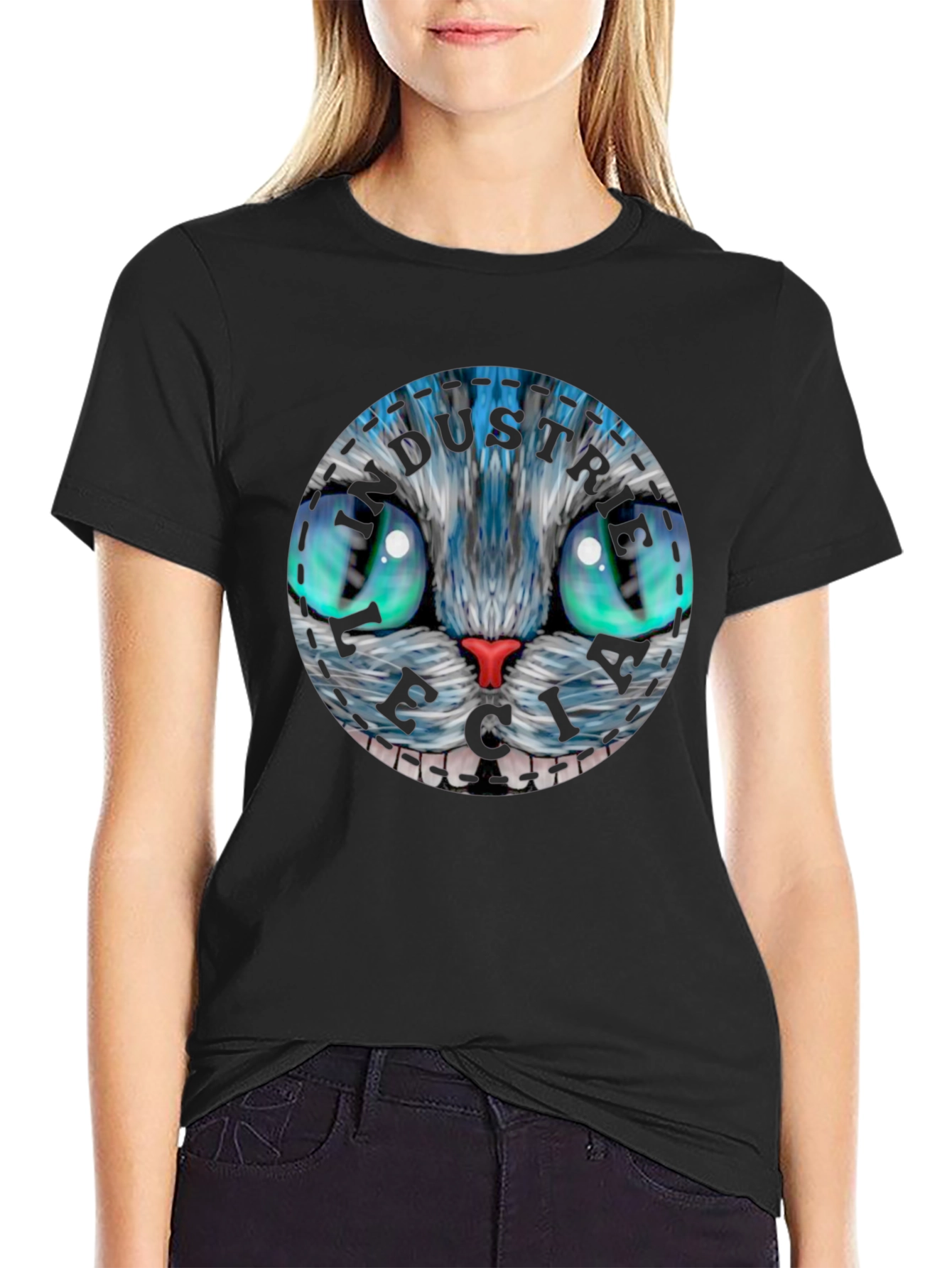 Black Whimsical Cat Face T-Shirt view 2