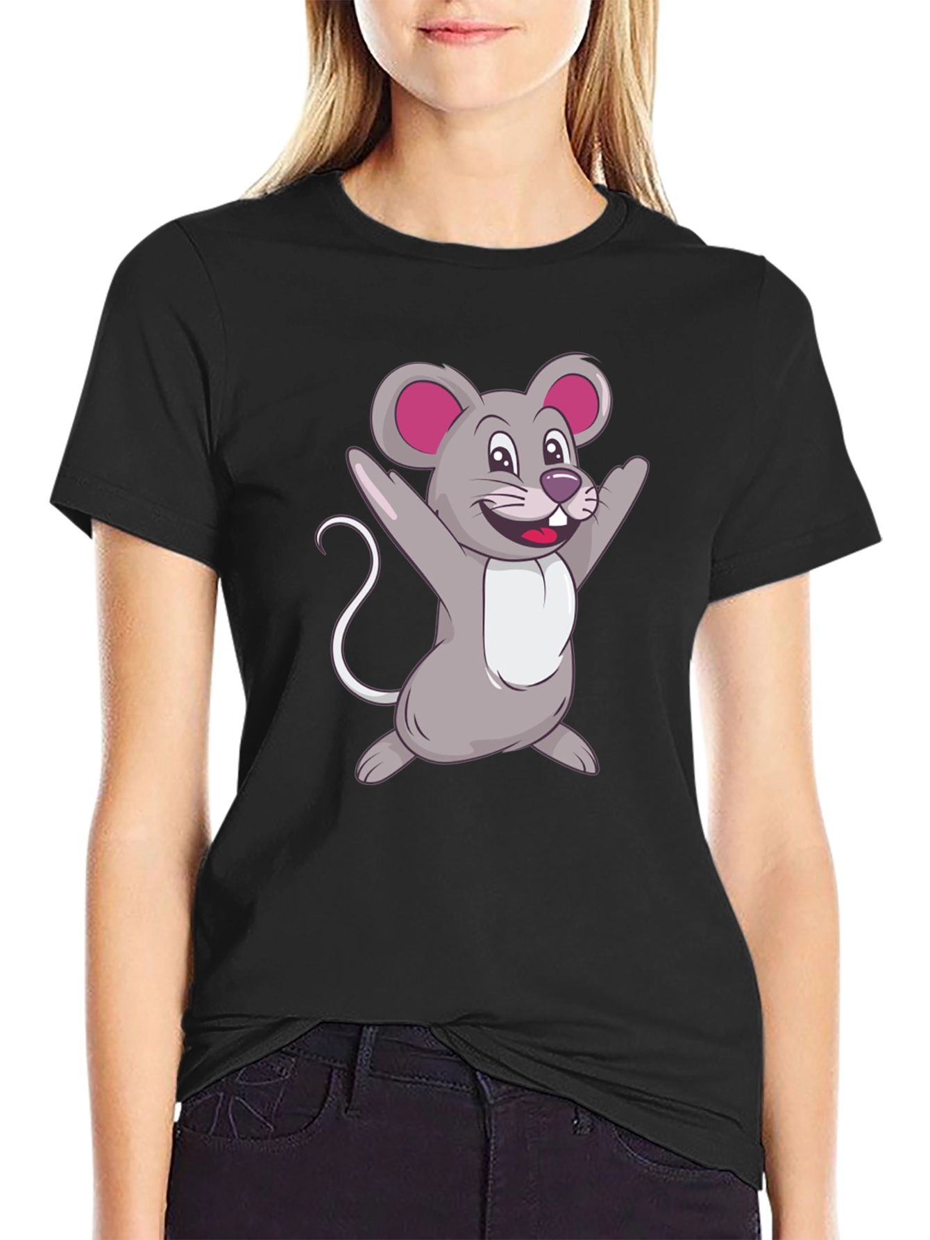 Black Cartoon Mouse Graphic Tee - Black Casual T-Shirt view 2