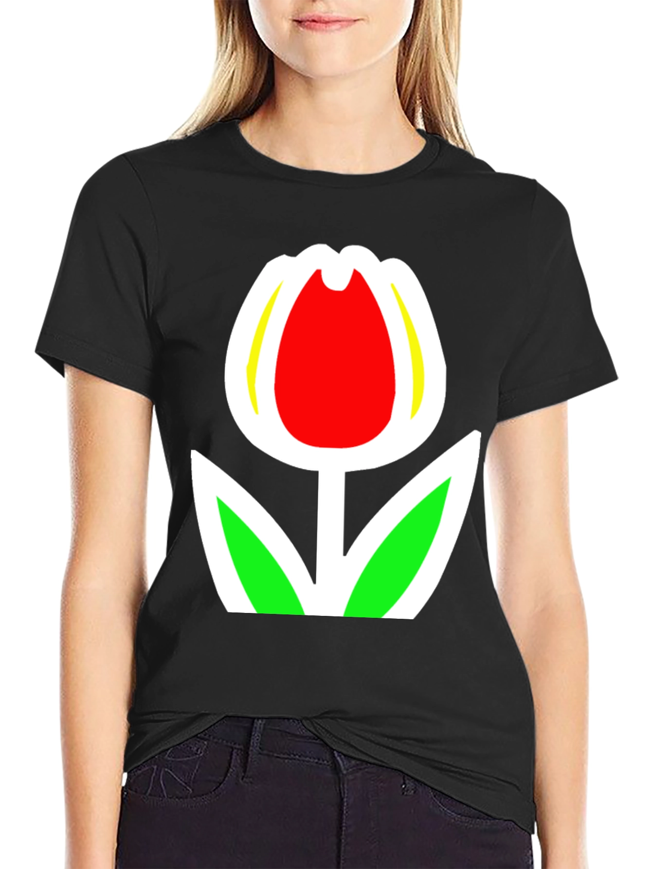 Black Tulip Graphic Tee - Black Cotton Blend Casual Wear view 2