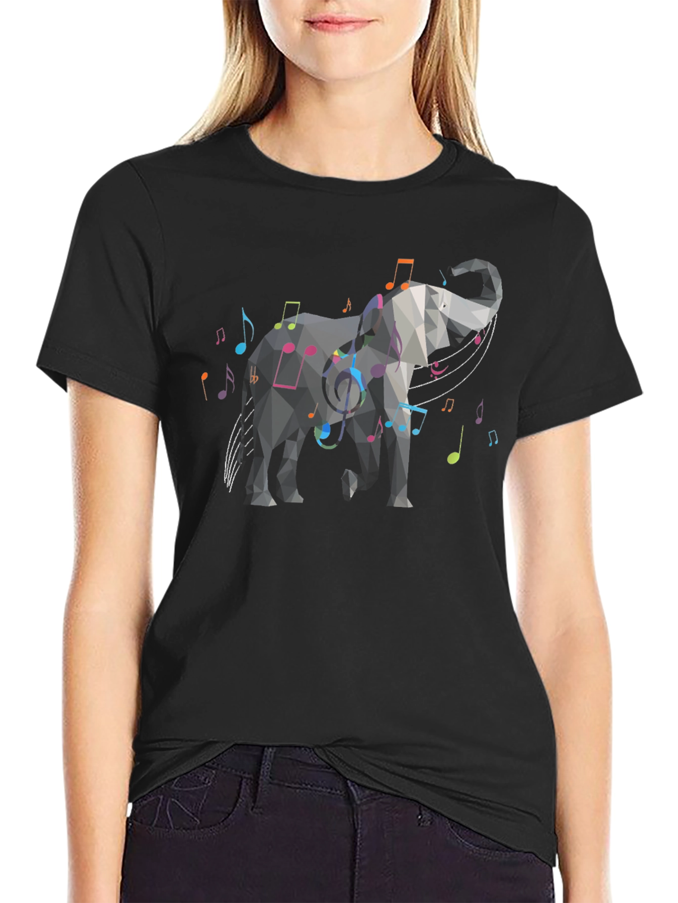 Black Geometric Elephant Music Note Graphic Tee view 2