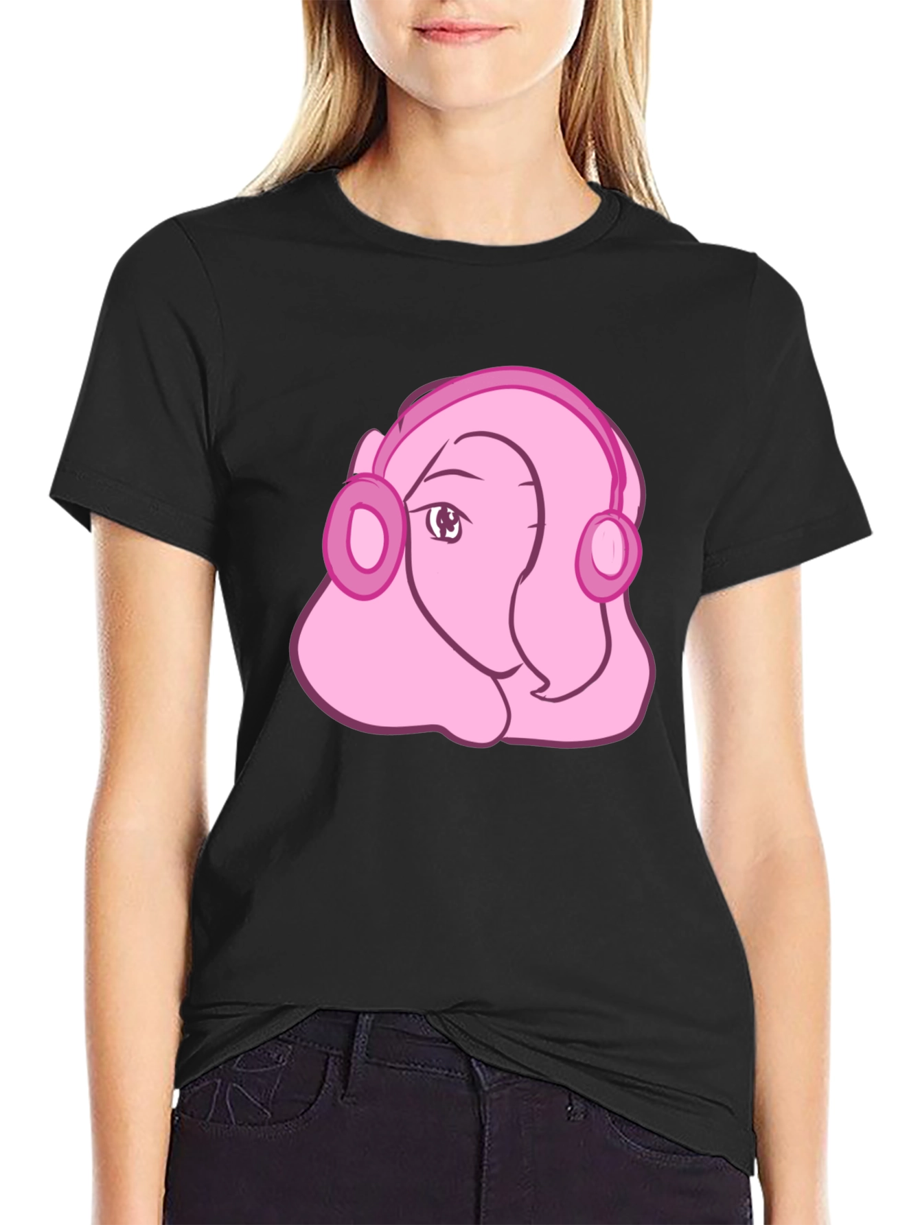 Black Pink Cartoon Headphones Tee view 2