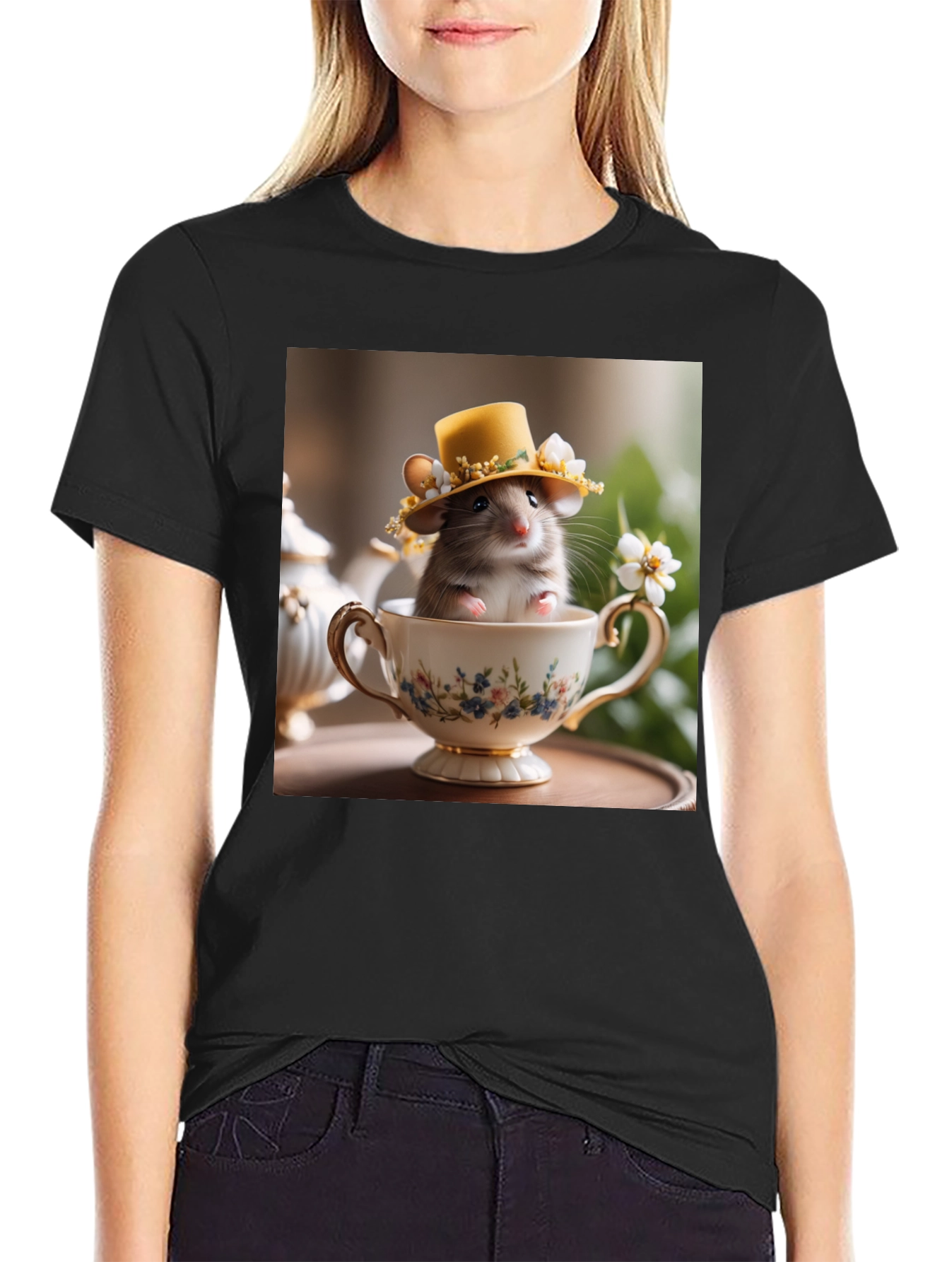 Black Cute Hamster in Teacup Graphic Tee view 2