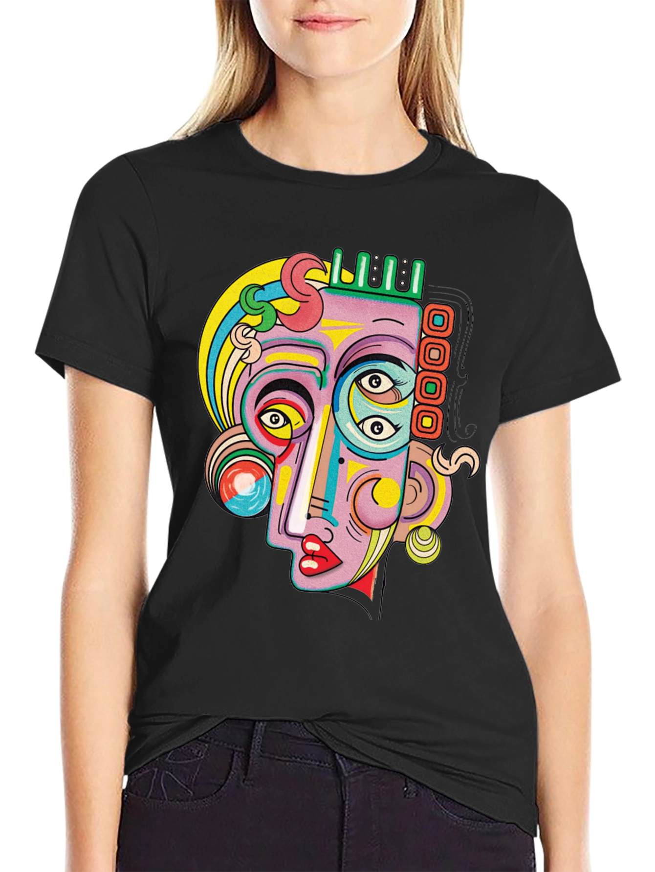 Black Abstract Face Graphic Tee - Unique Art T-Shirt view 2