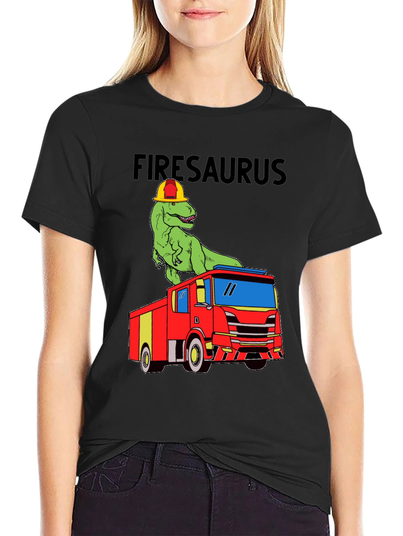 Black Firesaurus T-Shirt - Dinosaur Fire Truck Tee view 2