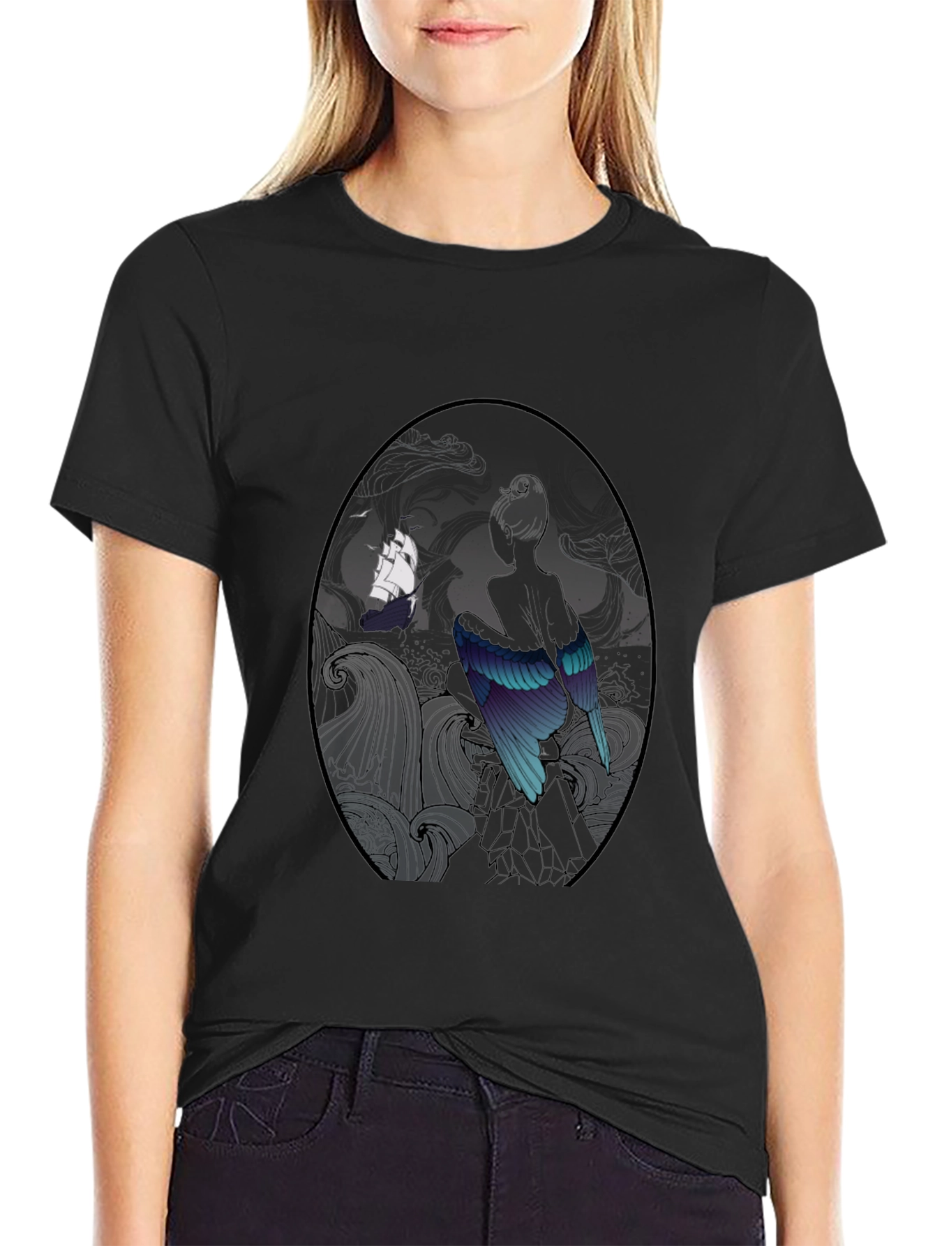 Black Mystic Bird & Ship Black T-Shirt view 2
