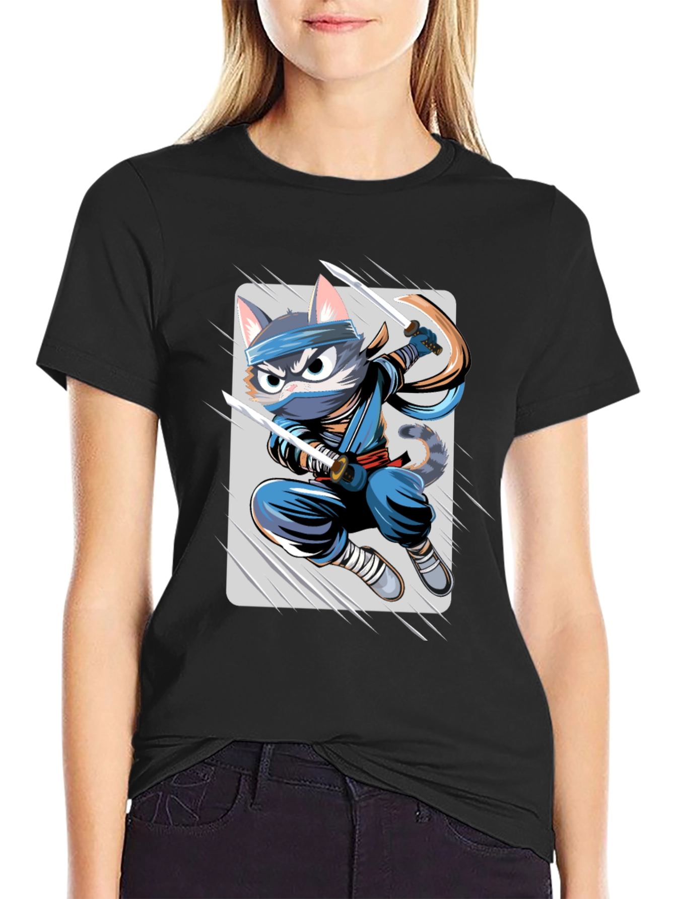 Black Ninja Cat T-Shirt - Unique Cartoon Graphic Tee view 2
