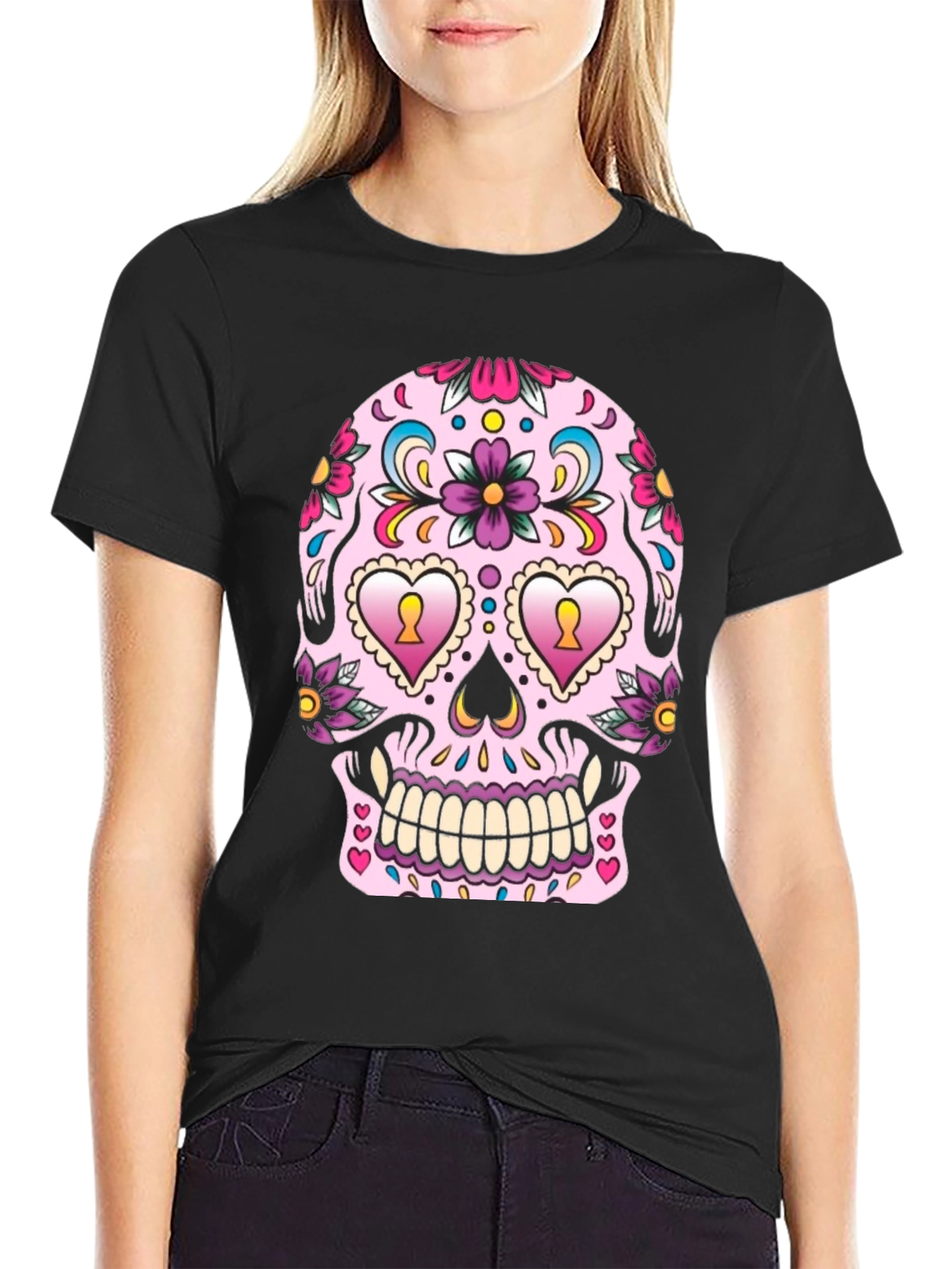 Black Sugar Skull Graphic Tee - Day of the Dead Style view 2