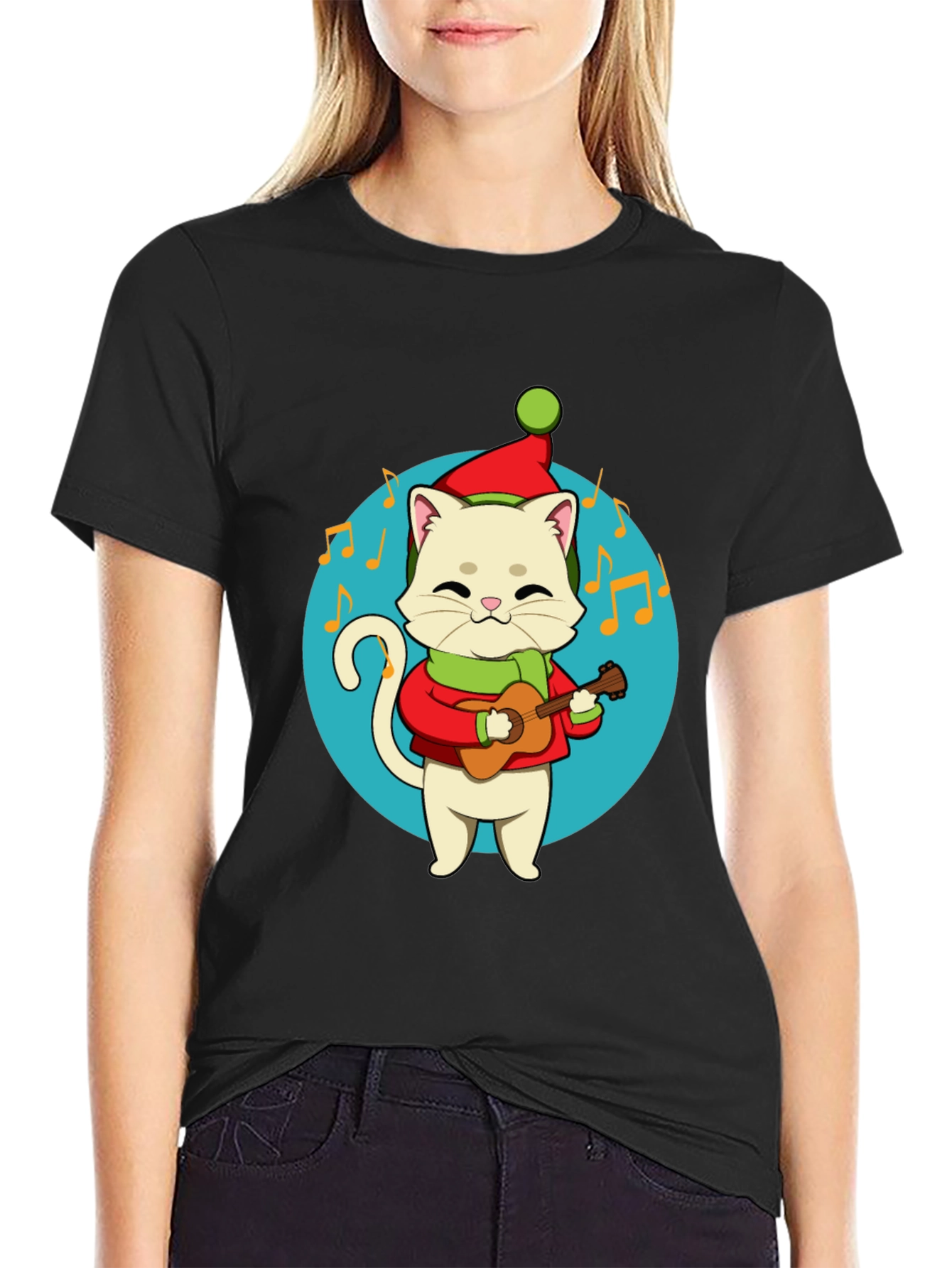 Black Festive Cat Guitarist Graphic Tee - Holiday Cheer! view 2