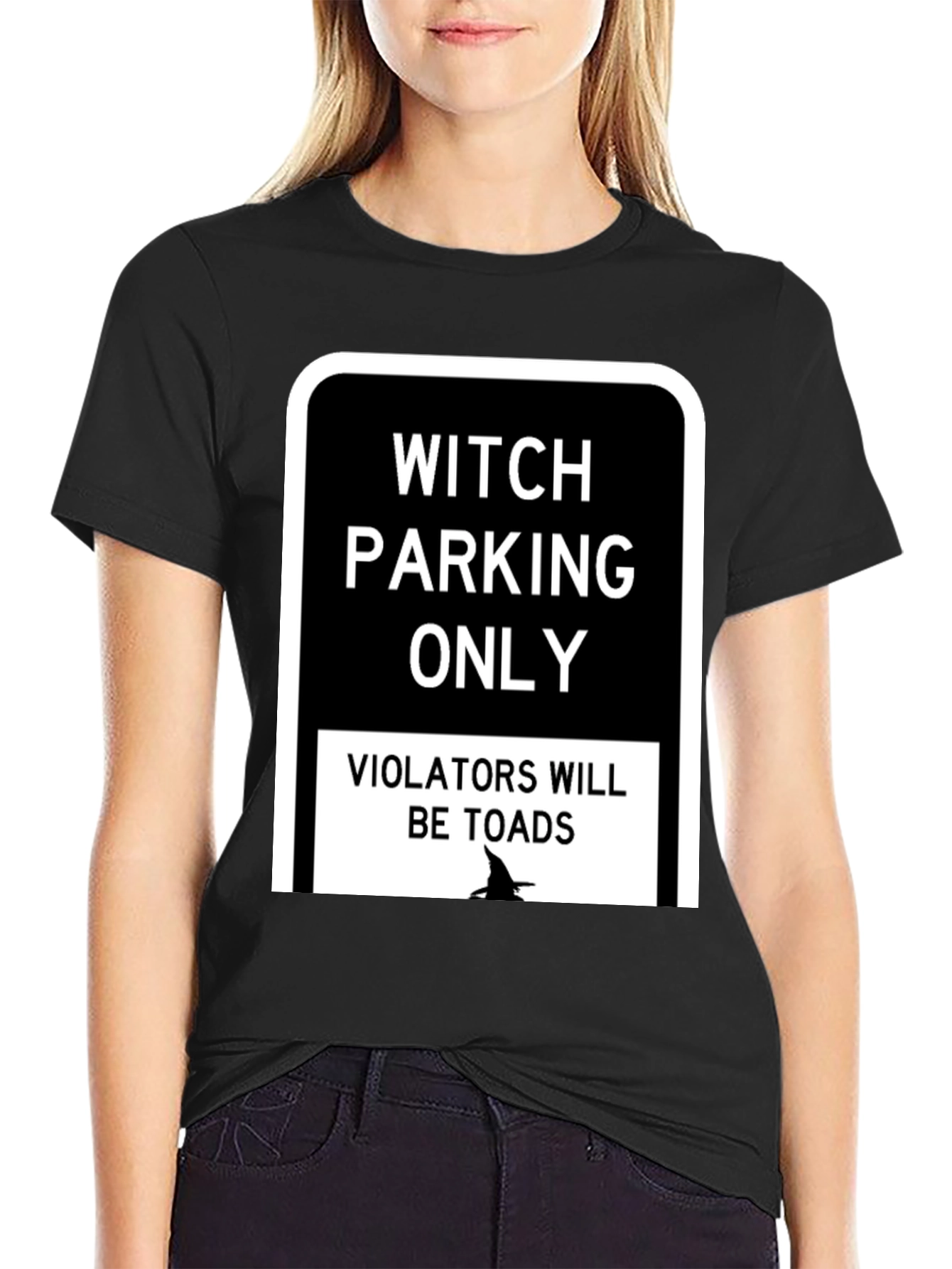 Black Witch Parking Only T-Shirt - Funny Halloween Tee view 2