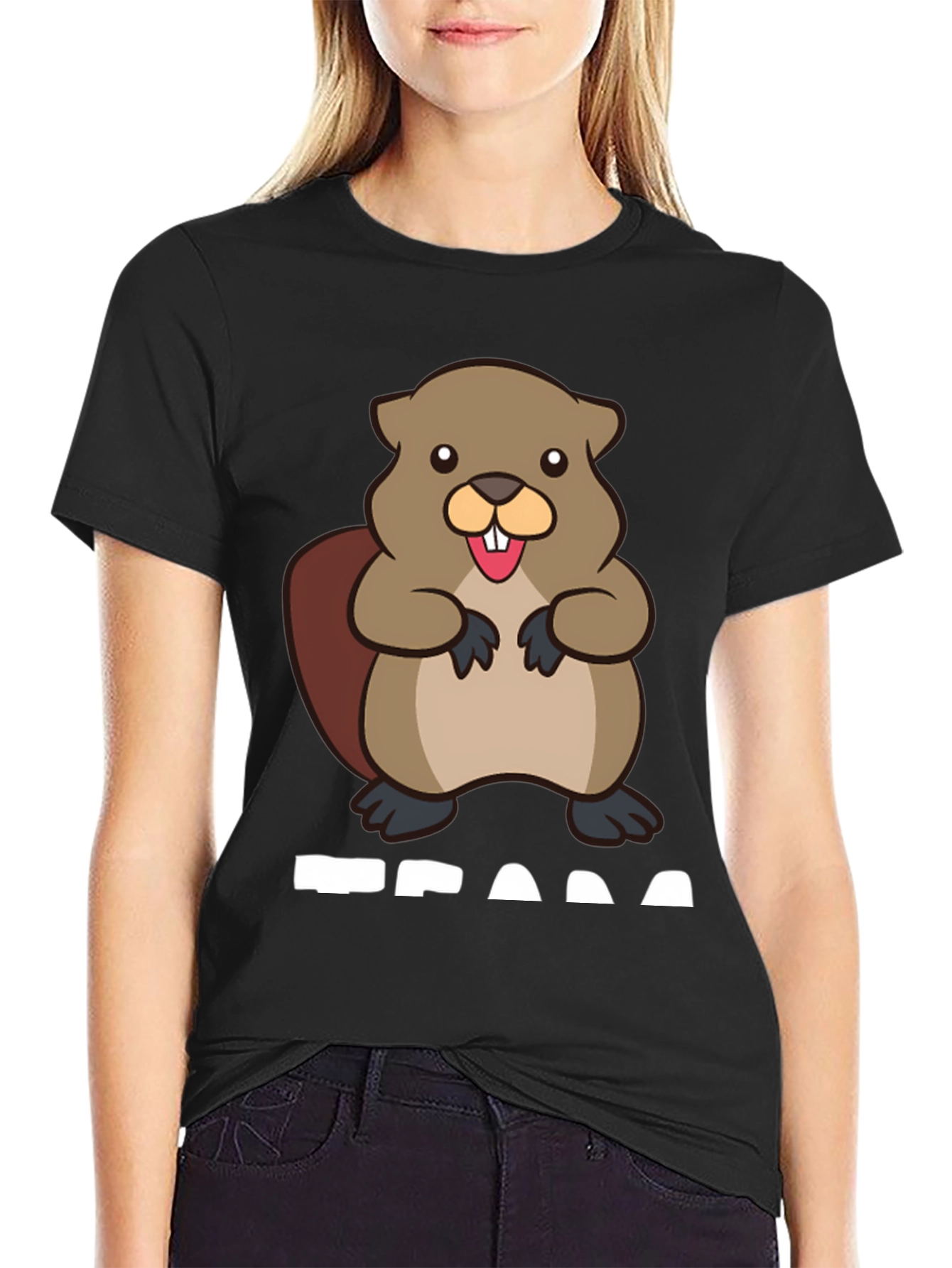 Black Funny Beaver Graphic T-Shirt - Unisex Black Tee view 2