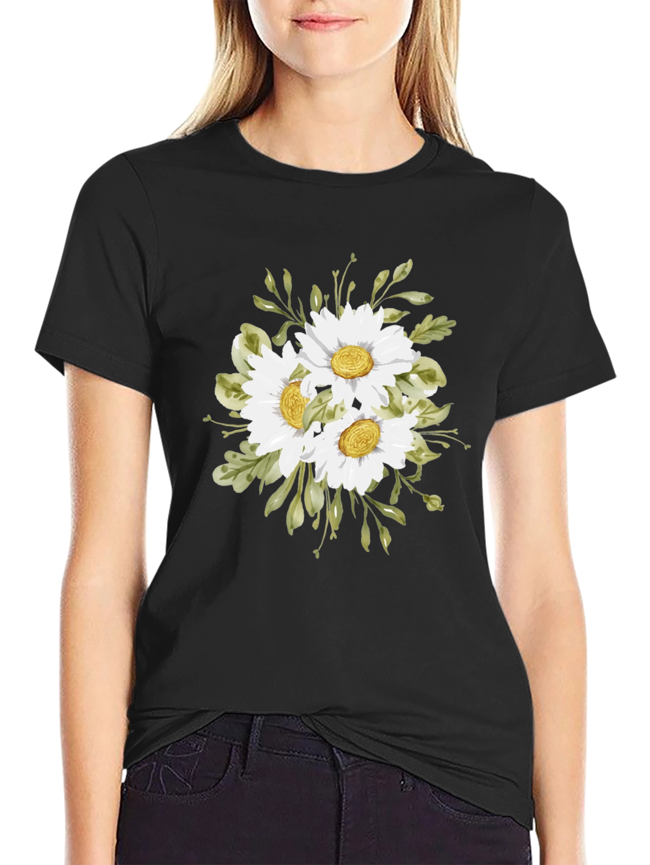 Black Floral Print T-Shirt - Daisy Bouquet view 2