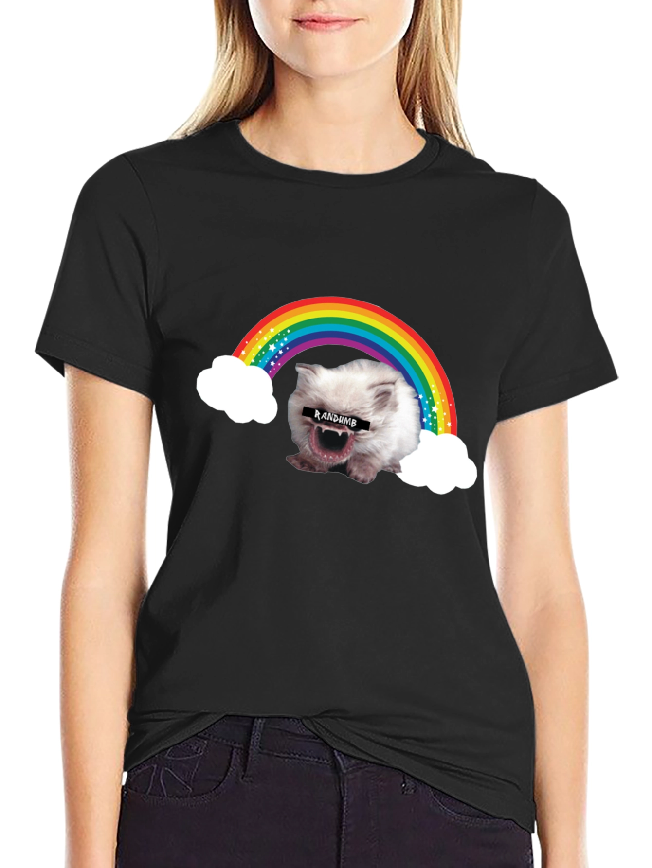 Black Random Rainbow Cat Meme T-Shirt view 2