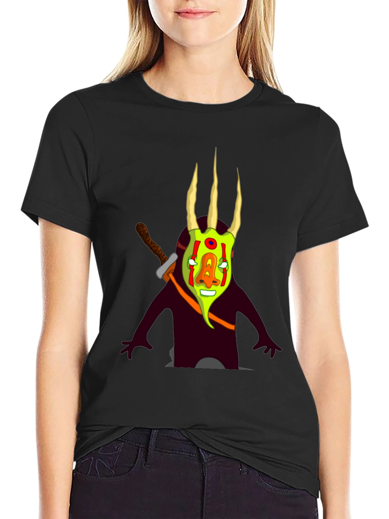Black Graphic Tee: Cartoon Monster with Sword view 2